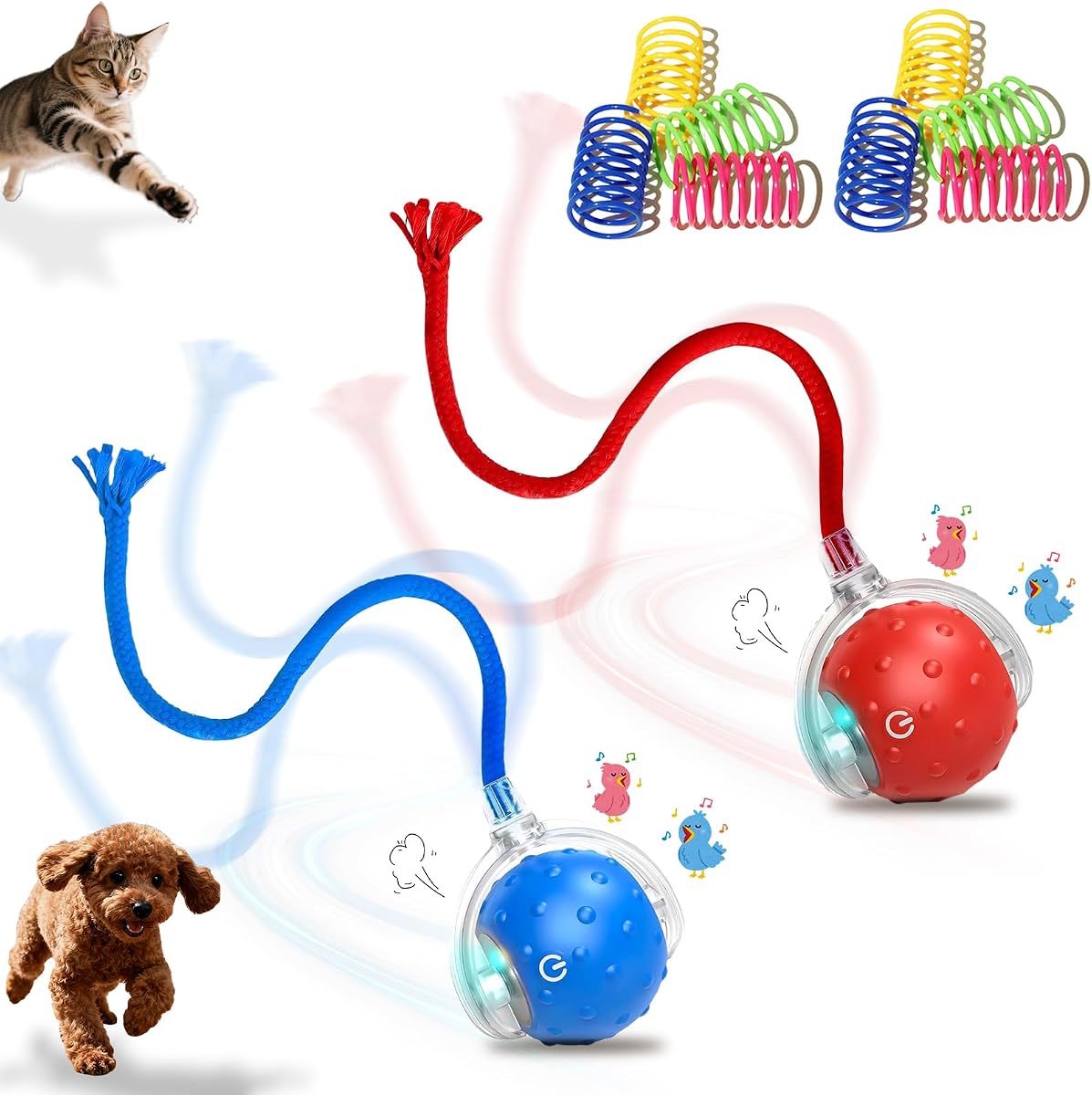 2-Pack Interactive Cat Toys Ball for Indoor Cats＆Dog,Automatic Cat Toy with Smart Obstacle Avoidance&Bird Chirps,Includes 8 Cat Spiral Spring,Cat Enrichment Toys for Indoor Cats(Red＆Blue)