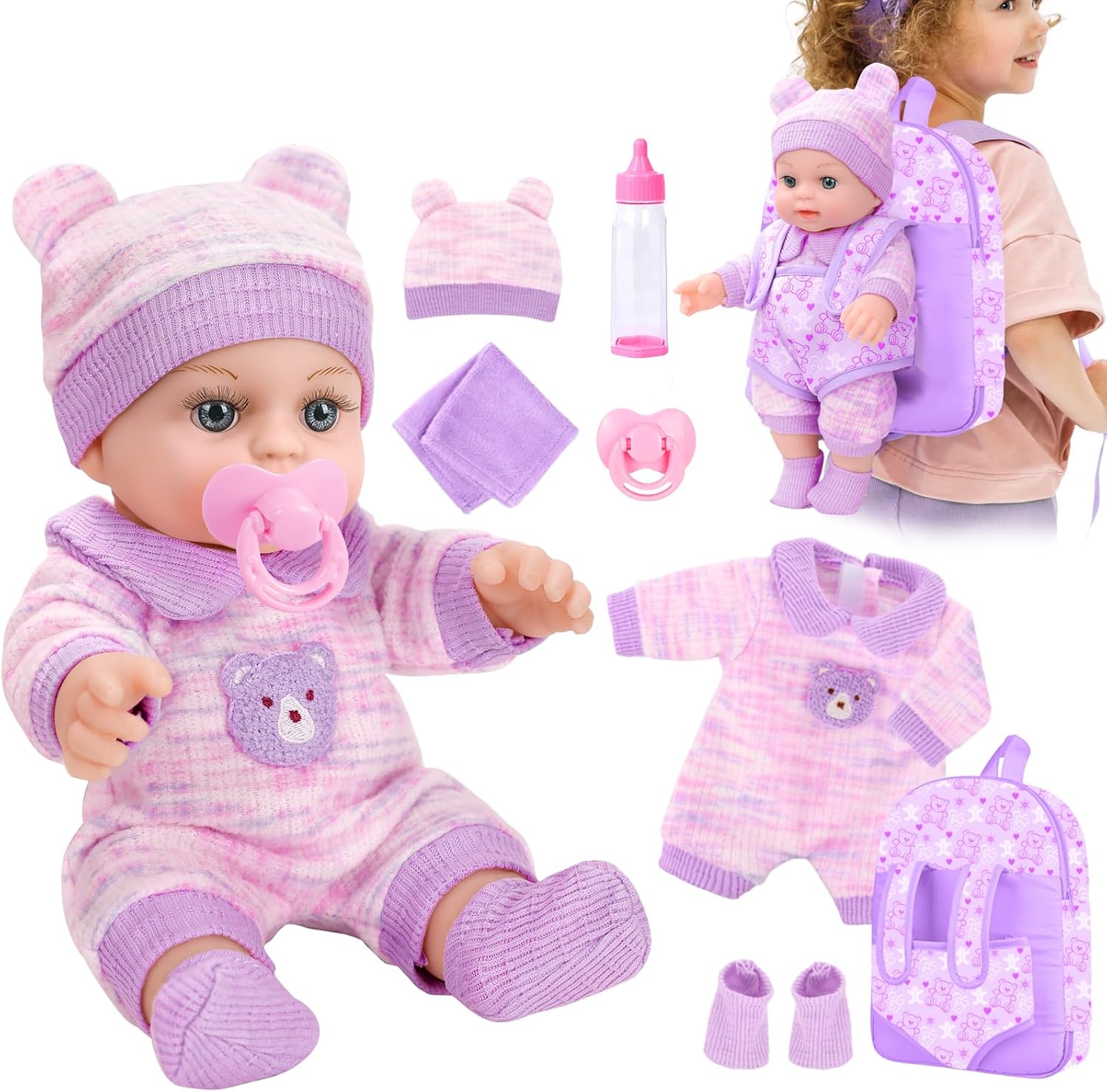 XFEYUE 12'' Baby Doll with Bear Pattern Backpack in Gift Box,Including Clothes Accessories, Backpack, Baby Bottle, Pacifier, Hat, Socks, and Handkerchief for 3+ Child Girls Gifts