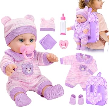 XFEYUE 12 Baby Doll with Bear Pattern Backpack in Gift Box,Including Clothes Accessories, Backpack, Baby Bottle, Pacifier, Hat, Socks, and Handkerchief for 3+ Child Girls Gifts