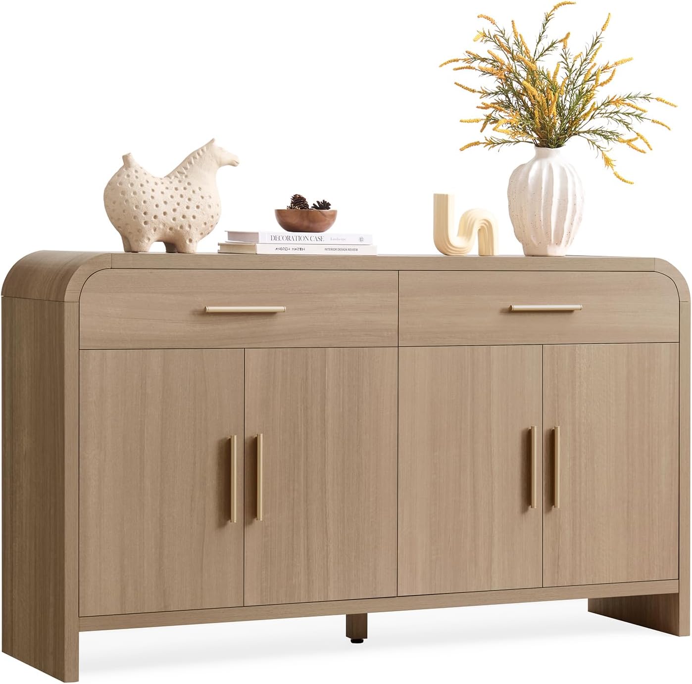 59" Sideboard Buffet Cabinet with Storage, Curved Sideboard Cabinet ＆ Adjustable Shelves, Coffee Bar Console Table for Kitchen, Entryway (Natural Oak)