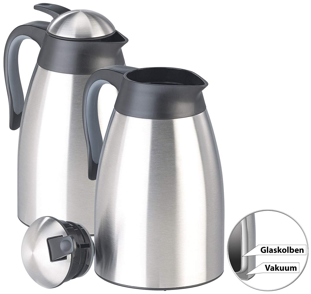 Rosenstein & Söhne Vakuum-Kaffeekanne: 2er-Set doppelwandige Edelstahl-Vakuum-Isolierkanne m. Ausgießtaste (Thermokanne, Isolierkanne Einhandautomatik)