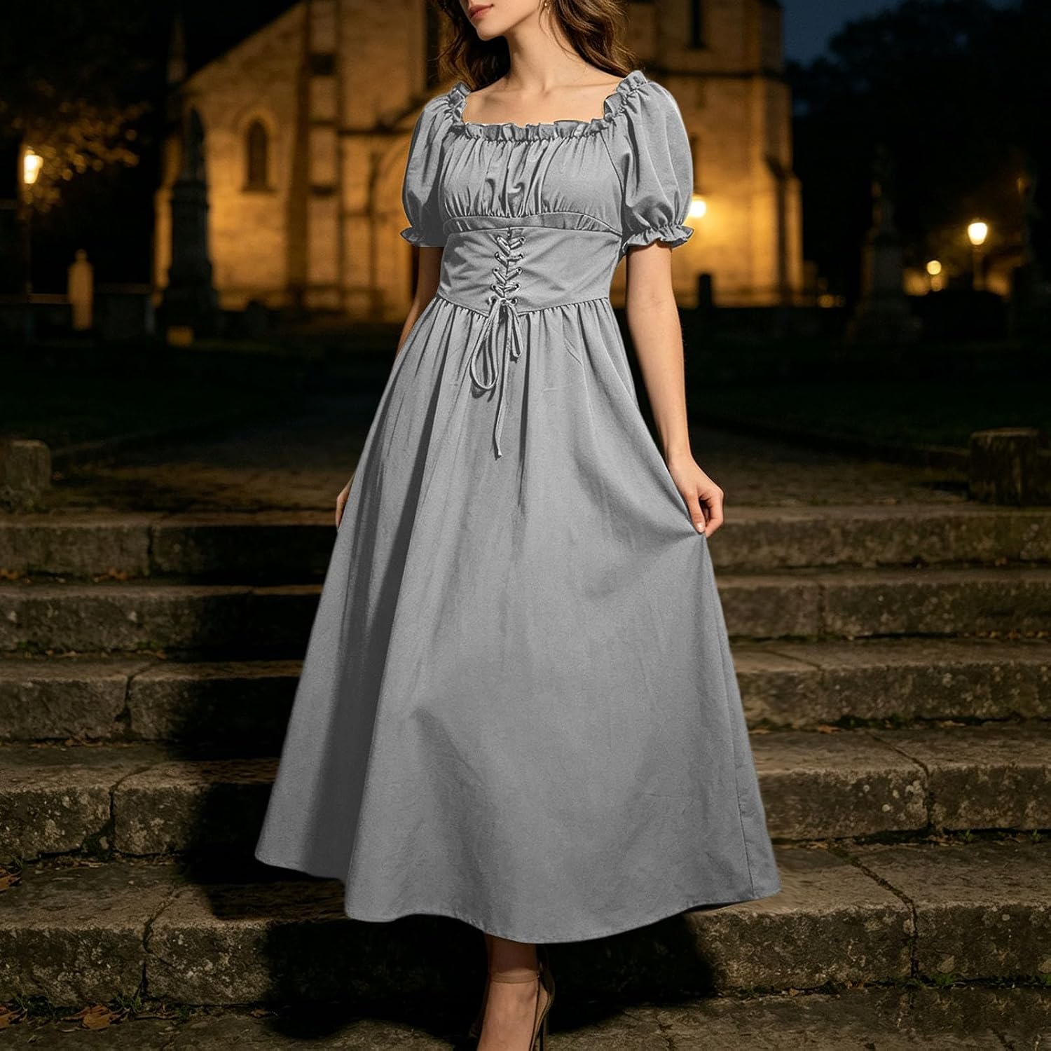 Women's Puff Sleeve Renaissance Dress Square Neck Lace Up Maxi Gown