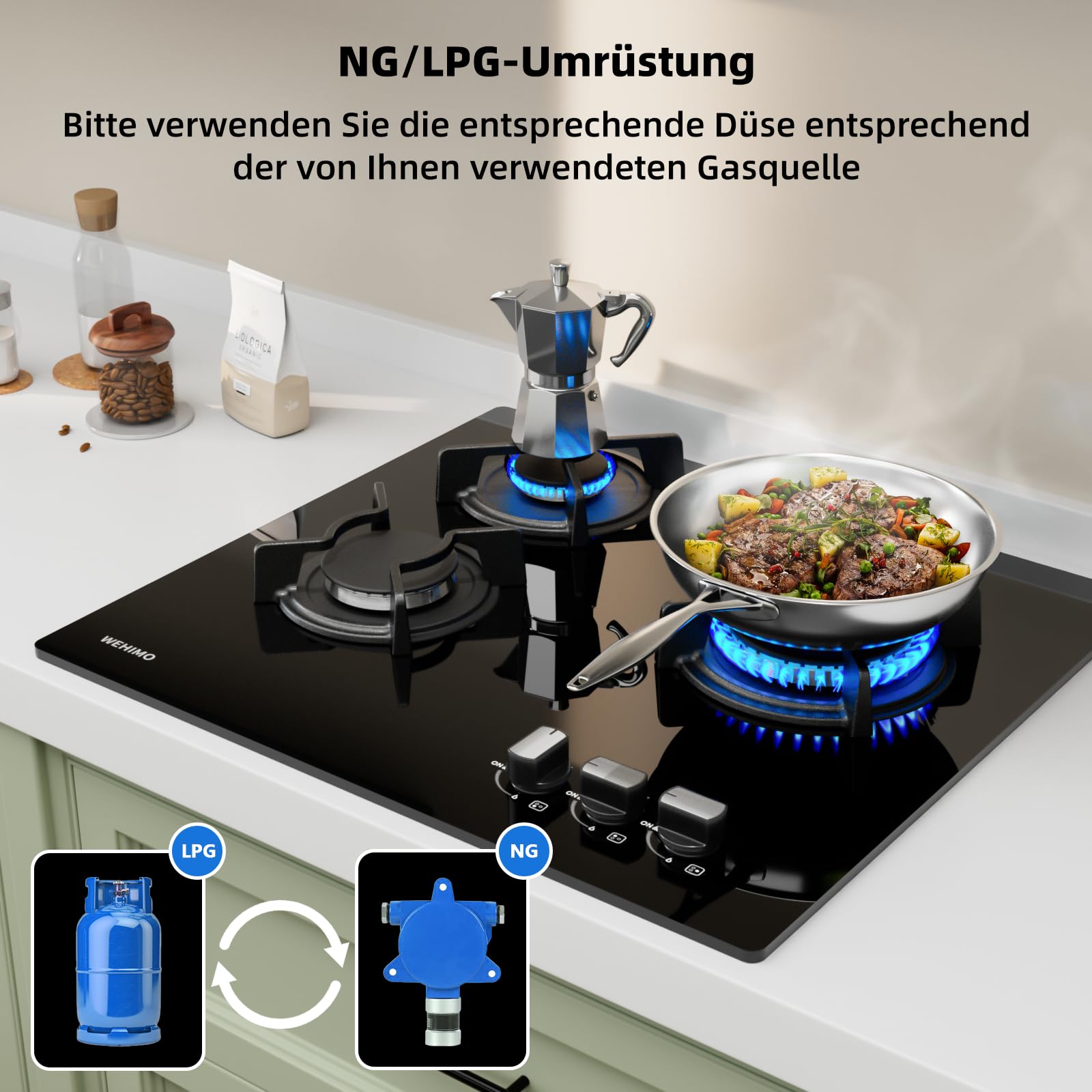 WEHIMO Gaskochfeld 3 Flammig 59cm, Glas Einbau-Gaskochfeld, 7750W, 3 Zonen Gaskochfeld für Propangas und Erdgas, 3 Kochzonen (3300W+2700W+1750W), Schwarzes Glas, Geeignet für Alle Töpfe