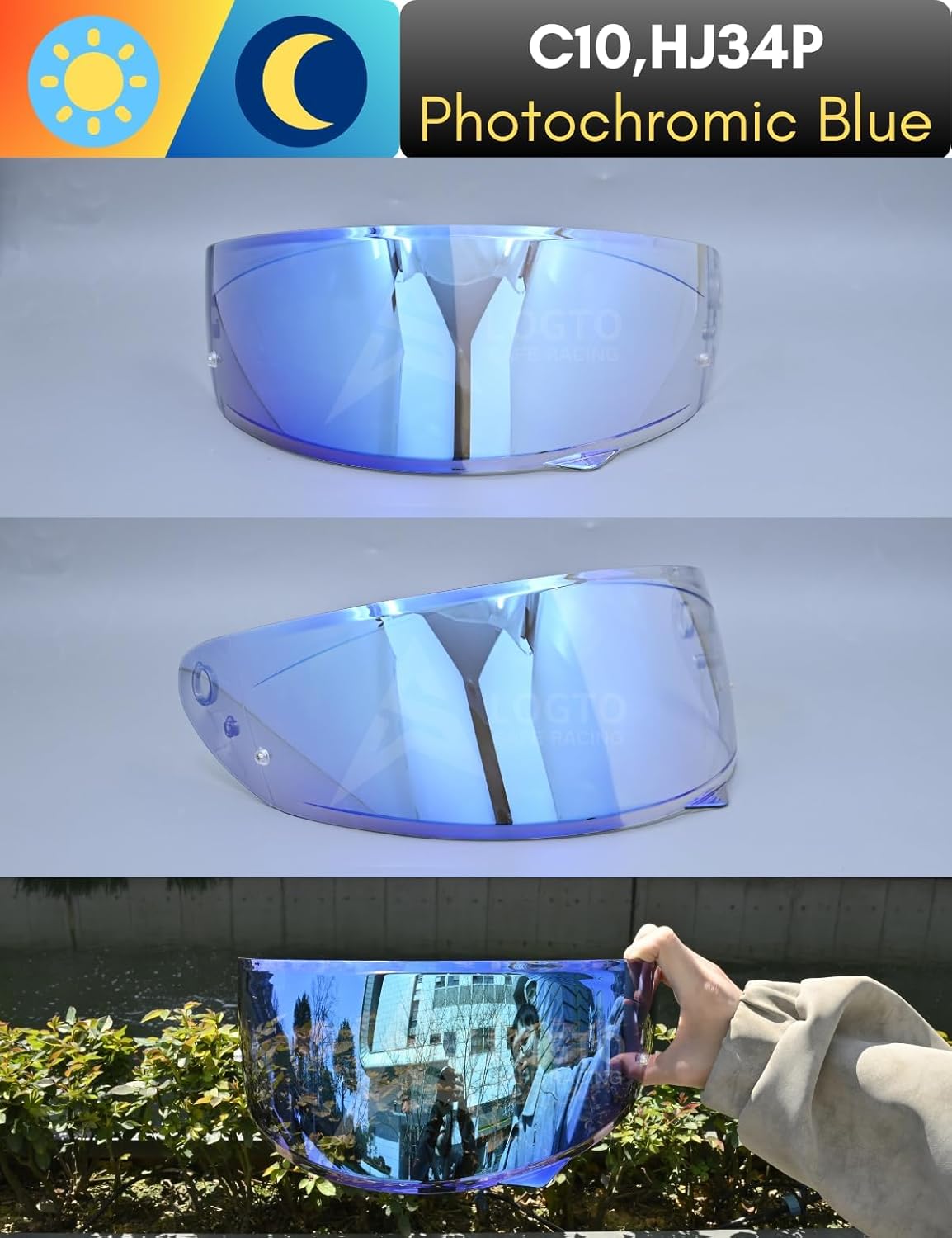 Photochromic Visor Compatible With C10,HJ 34P Replacement Transition Motor Helmet Face Shield (C10,HJ 34P Clear Blue To Ice Blue)