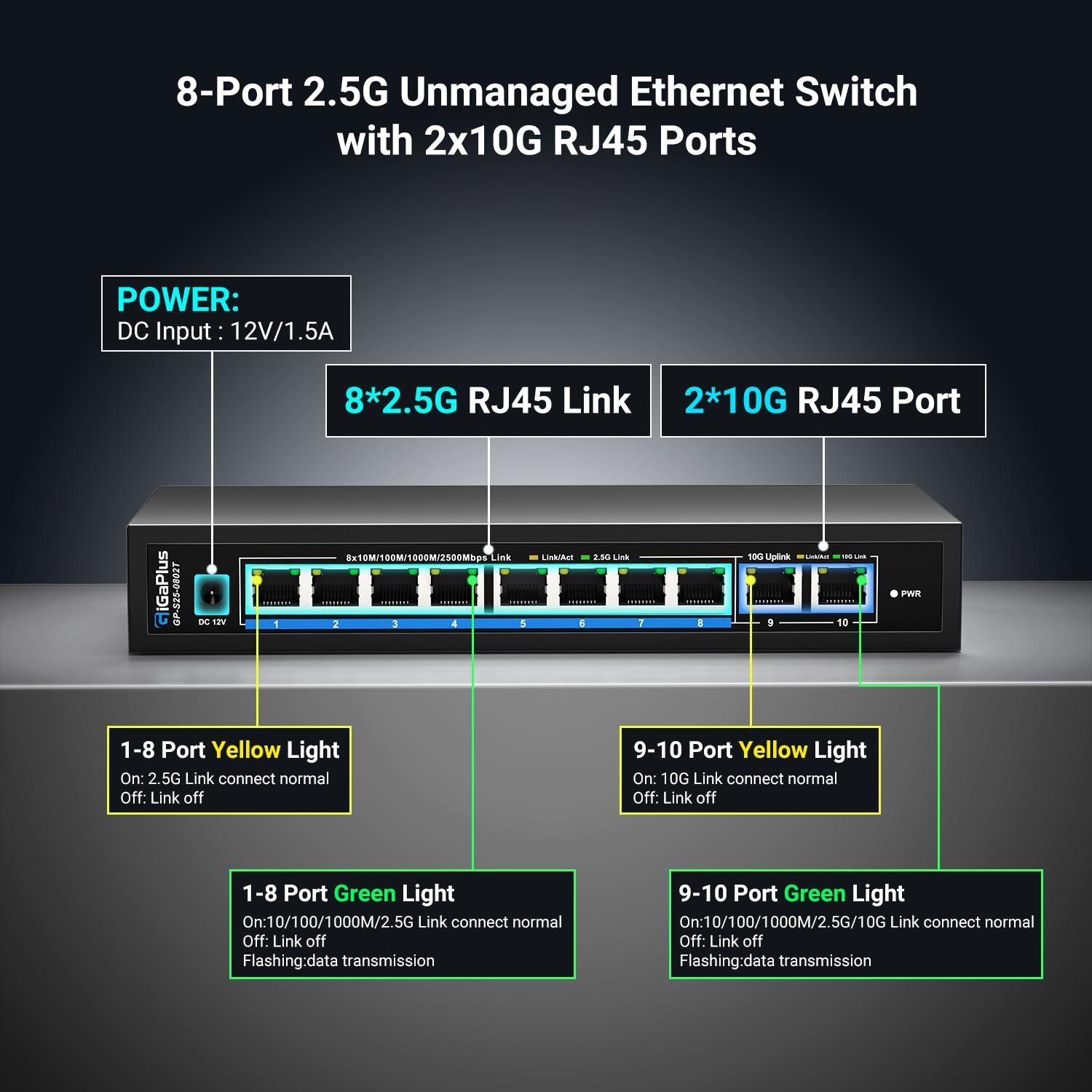 Conmutador Ethernet no administrado de 10 puertos y 10G con 8 puertos 2.5G Base-T y 2 puertos RJ45 10G. Capacidad de conmutación de 80 Gbps. Conmutador de red GiGaPlus de 10Gb para NAS/PC de 2.5G/10Gb