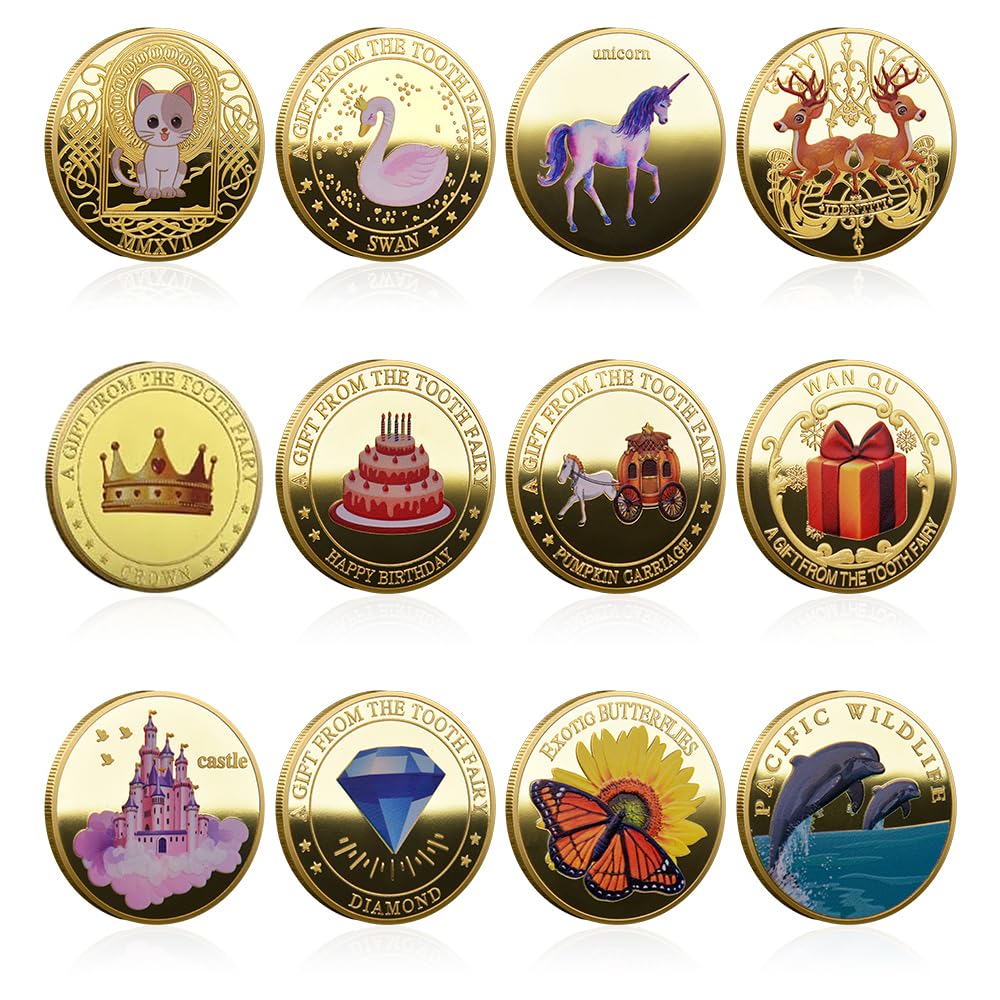 Infreecs 12 Stück Zahnfee Münzen, Zahnfee Goldtaler mit Verschiedenen Mustern, Tooth Fairy Coins, Zahnfee Geschenke für Kinder, Verlorenen Zahn Kinder Geschenke Souvenir für Mädchen und Junge