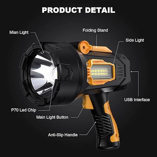 Miniatura 8 de MIXILIN Foco recargable de 90,000 lúmenes, linterna LED súper brillante para exteriores con luz COB y trípode plegable, 10000 Ah de larga duración