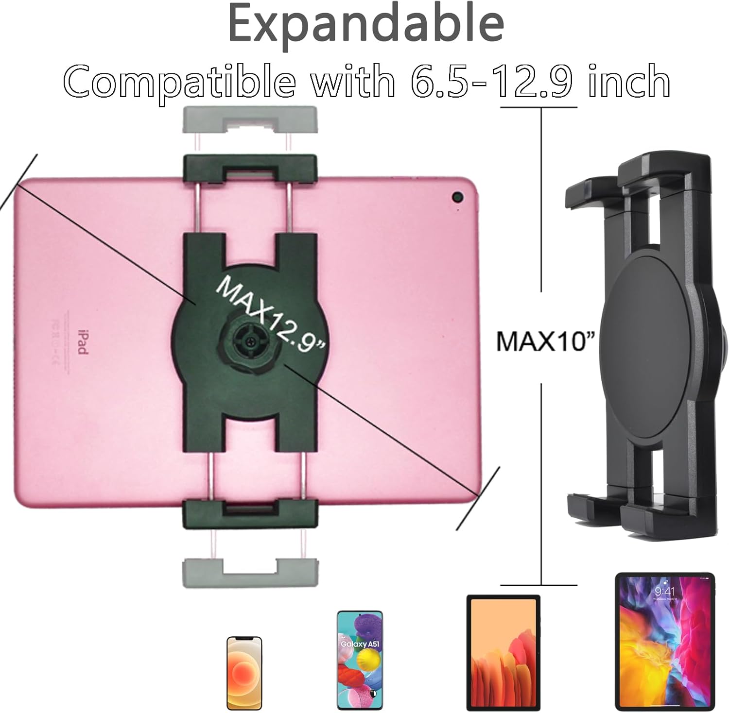 VAUBORTTI iPad Holder for Car Dashboard Windshield,Aluminum Arm Heavy Duty,Tablet Suction Mount for Window, Compatible with 6.5-12.9" Tablets/,1" Ball Mount