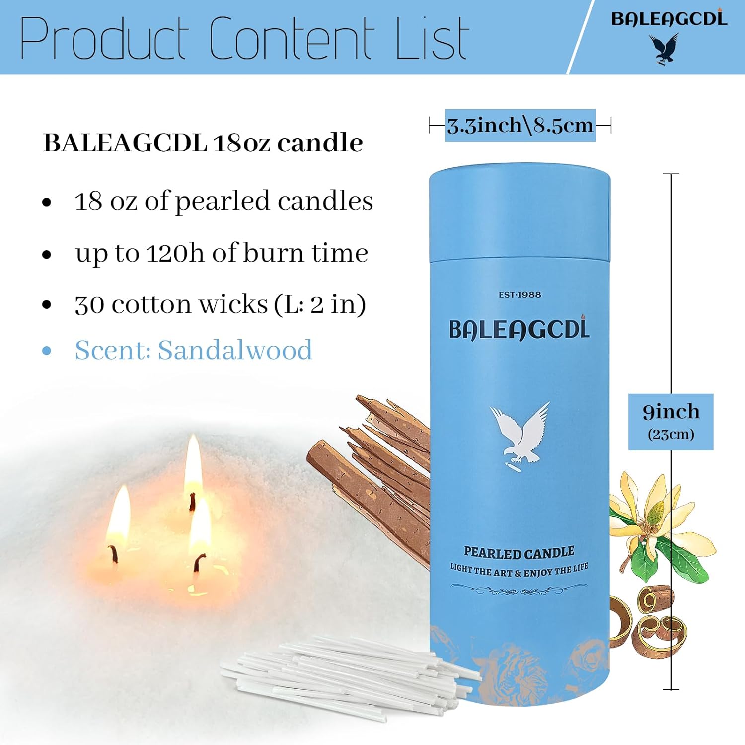 Zen Timber Pearled Candle 18 Oz with 30 Wicks - Sandalwood Scented Sand Candles White Refillable Wax Lasts Up to 120 Hours Smooth and Clean Burning for Candle Making DIY