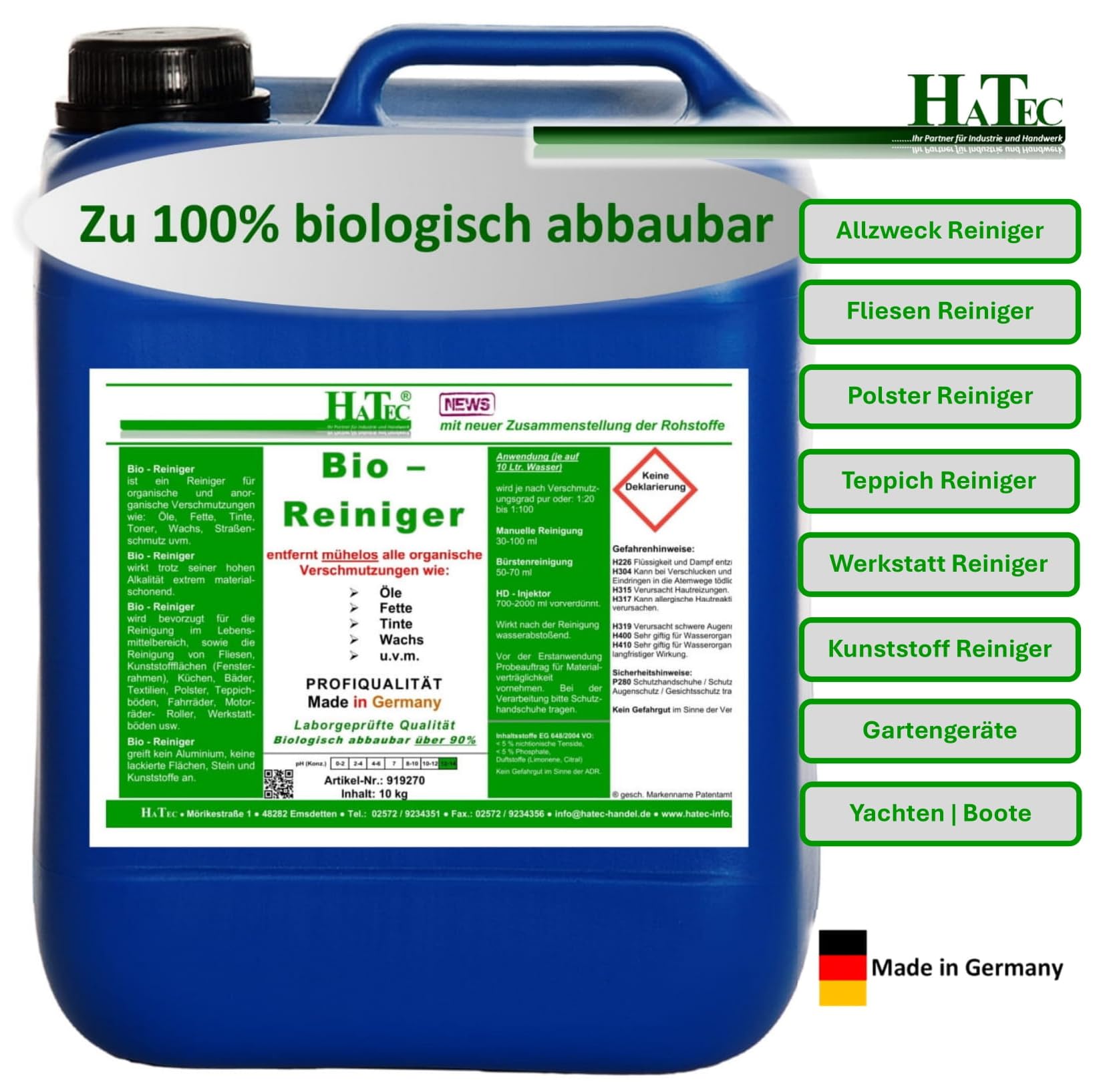 Bio-Reiniger 10-kg Konzentrat, über 90% biologisch abbaubar, Allzweckreiniger | hohe Effektivität | Polsterreiniger | Teppichreiniger | Entfetten | Oberflächenreinger