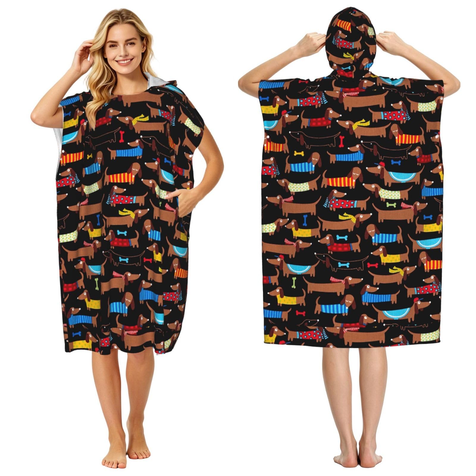 Poadnly Dachshund, Adult Hooded Beach Towel 90 x 110 cm,Changing Bath Robe, Surf Poncho Towel For Women Men