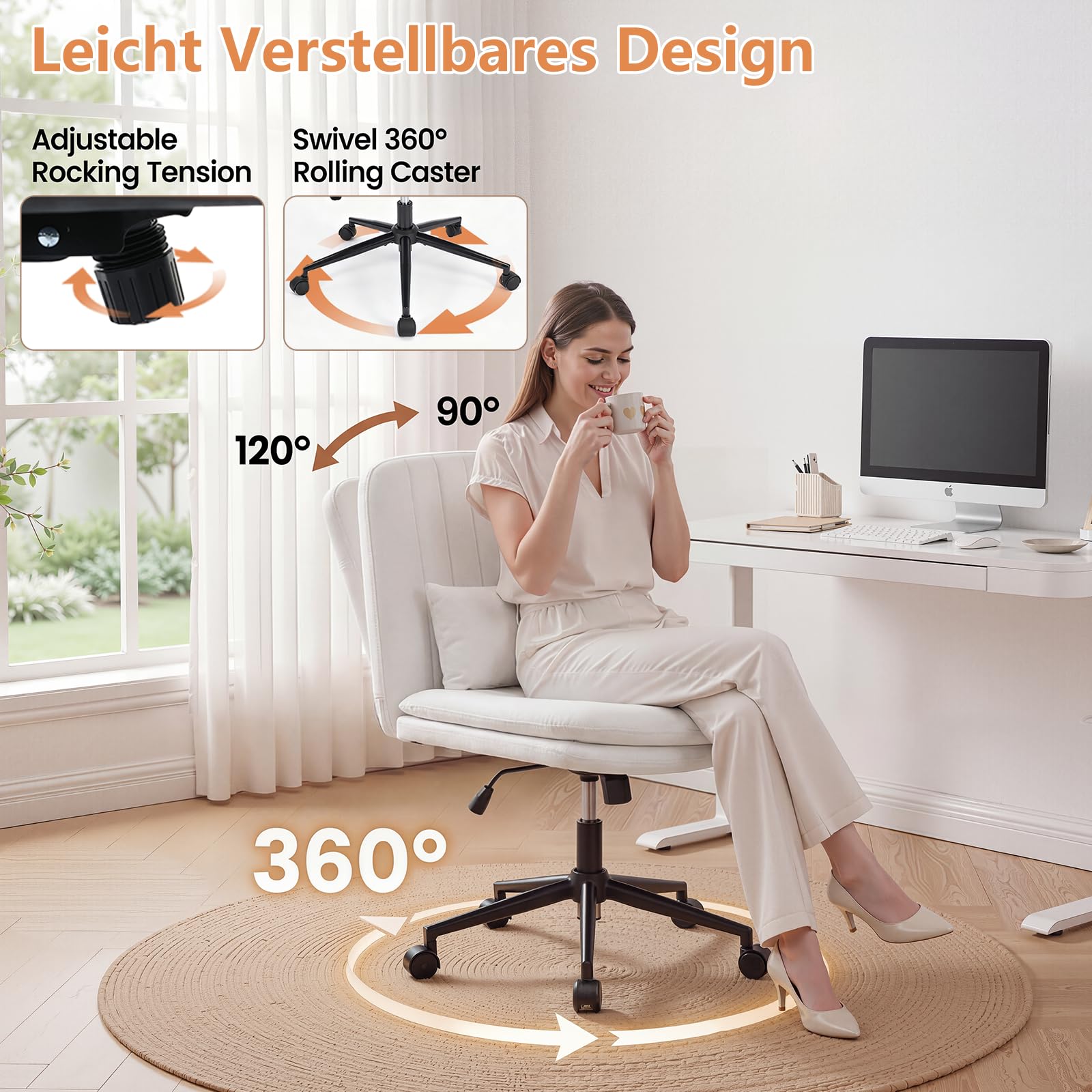 Bürostuhl ohne Armlehne ergonomisch, Schreibtischstuhl mit Rollen, für Schneidersitz, 360° drehbarer & höhenverstellbarer Drehstuhl für Home Office, Schminktisch (Chenille, Weiß)