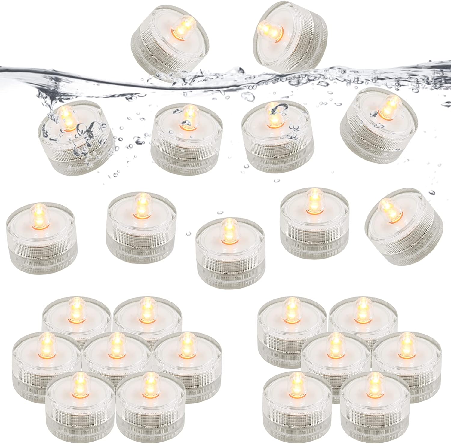 JINHEZO Submersible Led Tea Lights Waterproof, Pond Underwater Tealights Battery Operated, Seasonal Festival Celebration Party Table Decorations, Flameless Electric Candles Yellow 24 Pack