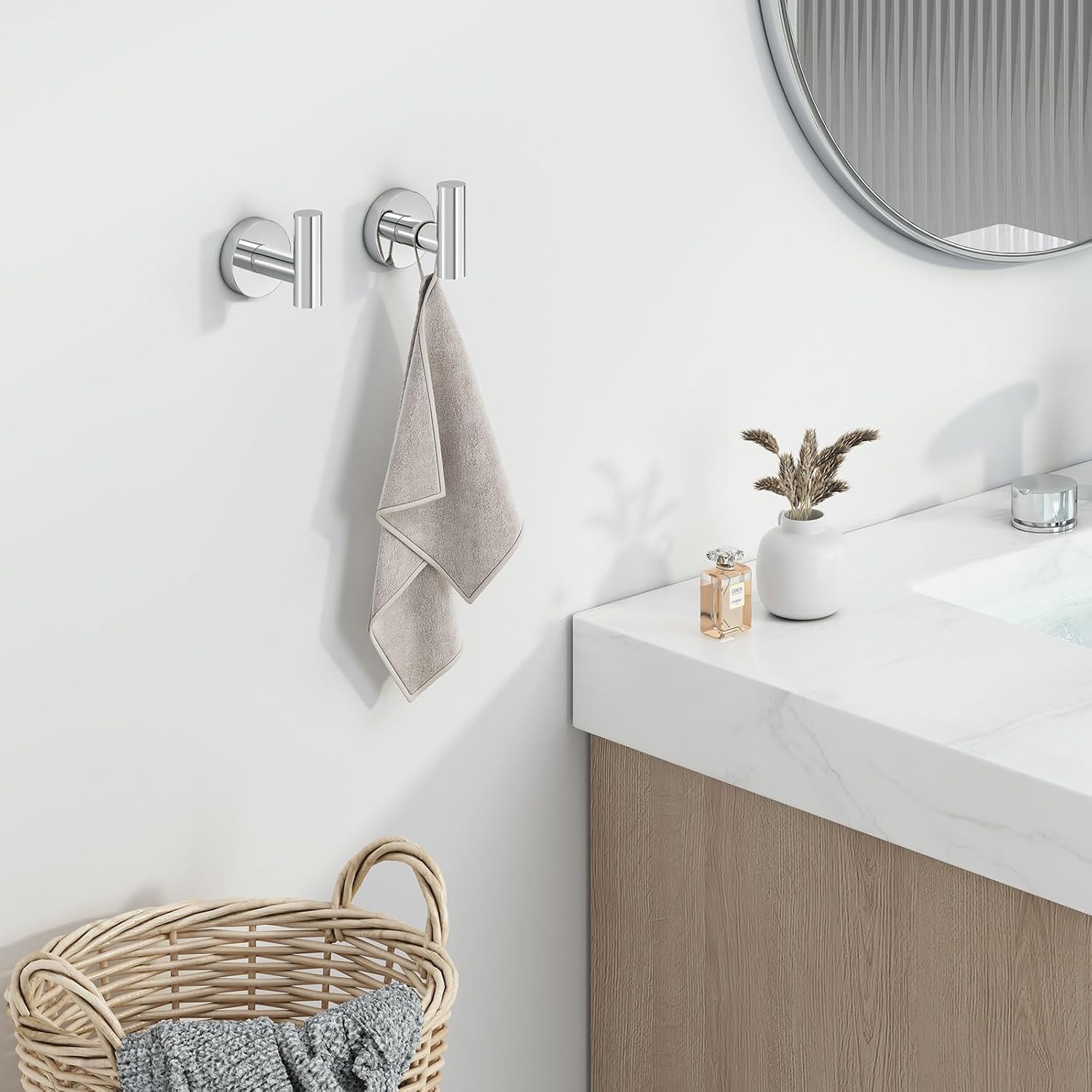 Bath Towel Hook 2 PCS, Angel Simple SUS304 Stainless Steel Kitchen Bathroom Towel Holder, Round Robe Hook Wall Mounted, Polished Chrome - Image 2