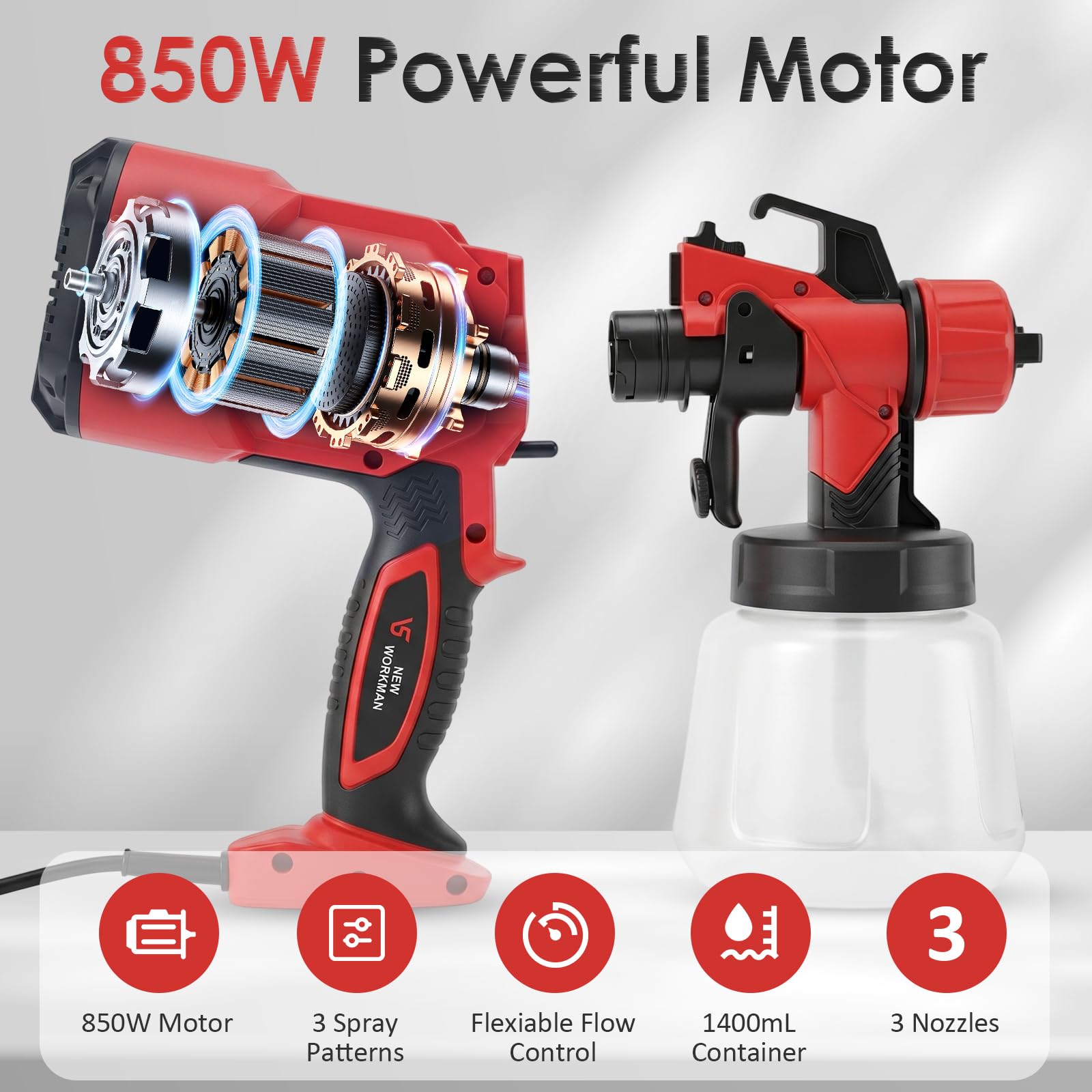 Pistolet a Peinture, 850W Pulvérisateur de Peinture Electrique | 32000RPM, Réservoir 1400ML, avec 3 Buses(0.8/1.8/2.5mm), 3 Modèles, Facile à Nettoyer, pour Meubles, Murs, Portes, Clôtures