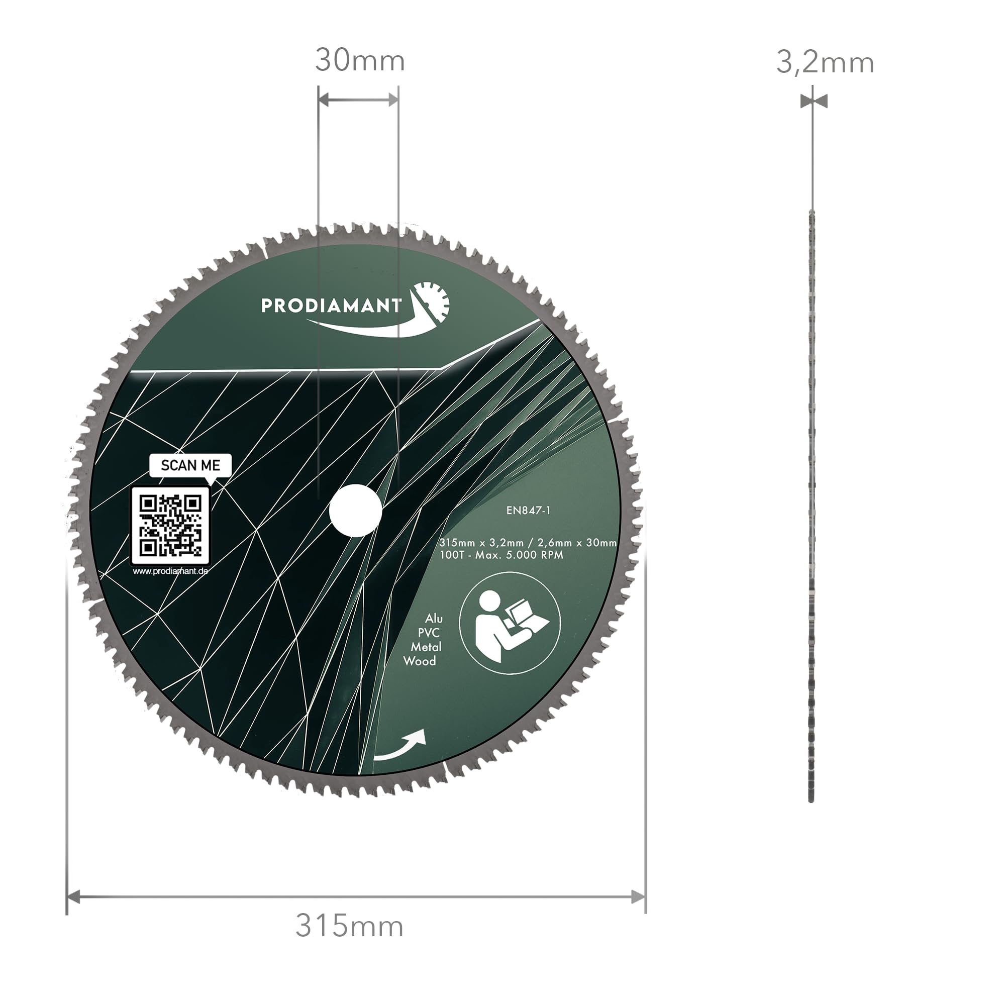 PRODIAMANT HM TCT Hoja de sierra circular 315 x 30 mm - multiuso para madera, aluminio, plástico y laminado, compatible con sierra de mesa