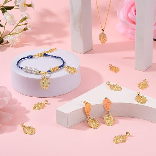 Miniatura 4 de Ornaland 10 dijes ovalados de la Virgen María de 18 quilates, chapados en oro de 18 quilates, colgantes de latón con circonita cúbica para