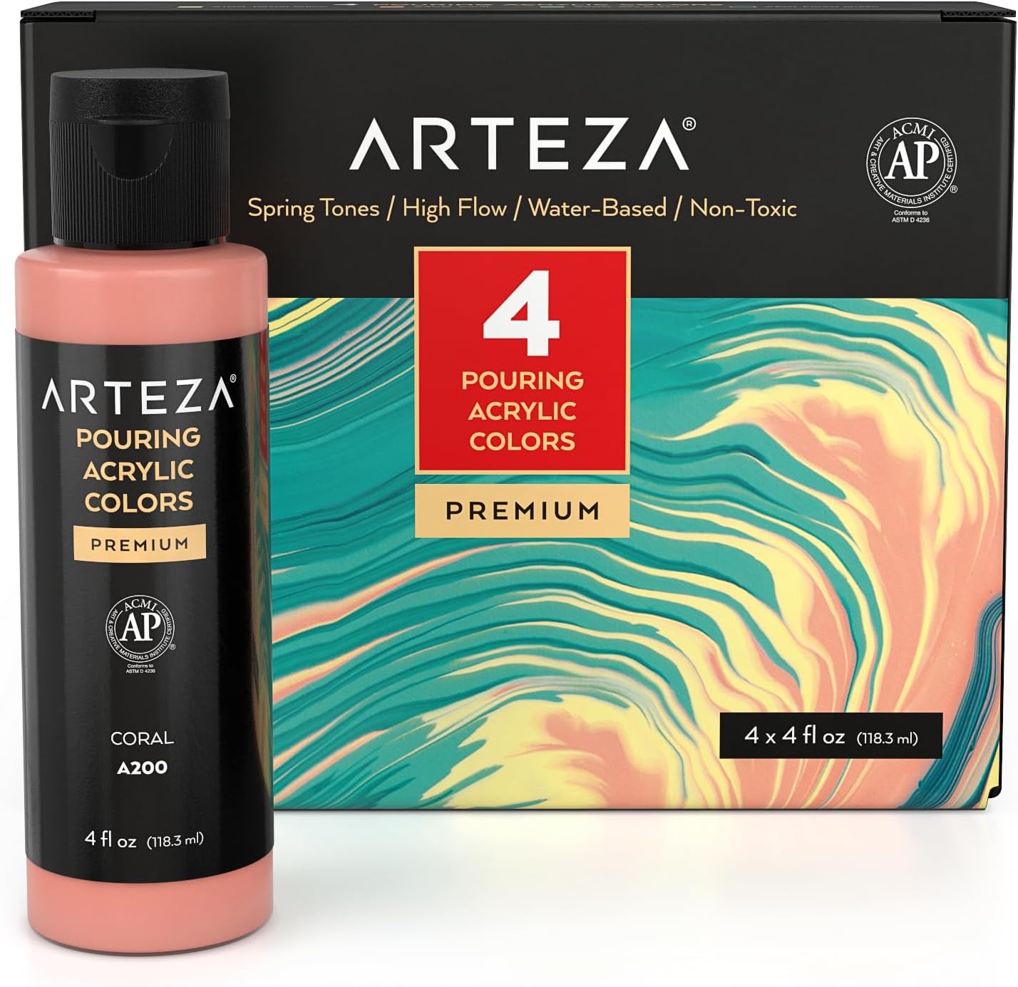 ARTEZA Acrylic Pouring Paint Set, 4 Spring Colors, 4 oz Bottles, High