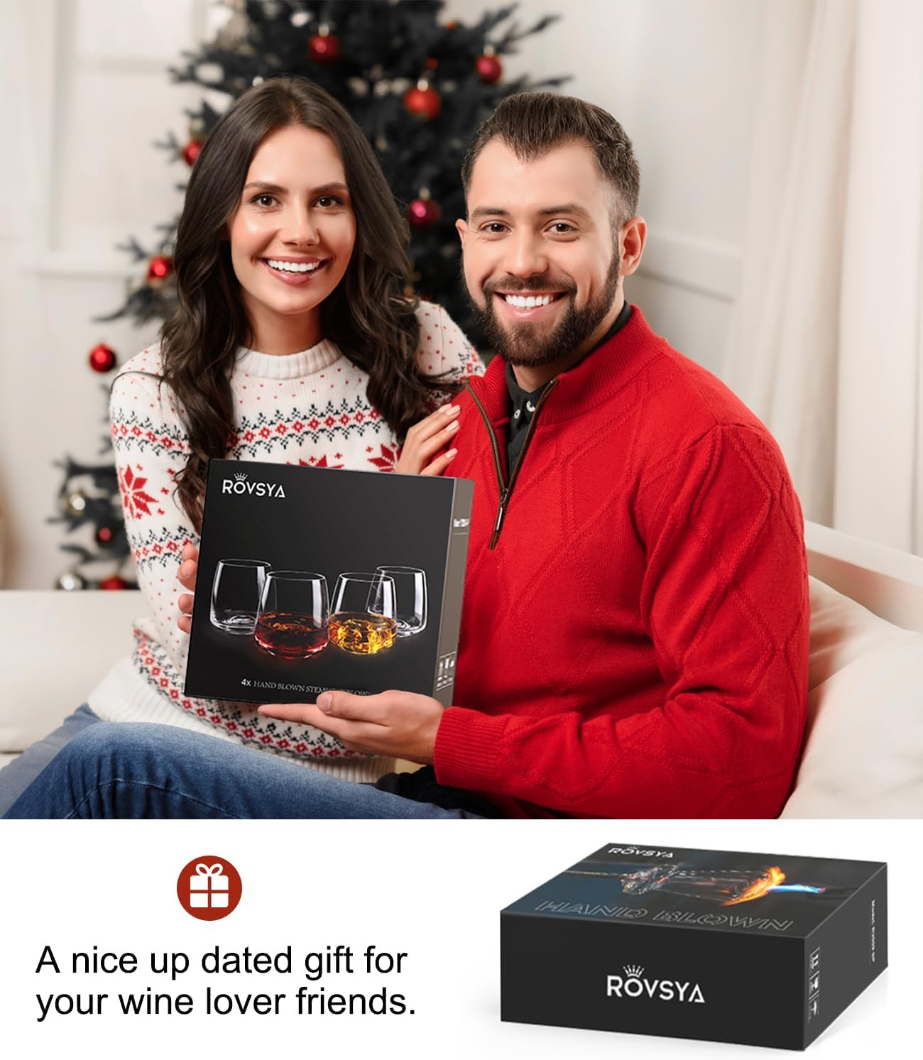 Stemless Wine Glasses Set of 4 13.5oz, Hand Blown Red White Wine Glasses Unique Gifts for Him Her for Birthday, Wedding, Christmas, Anniversary - Image 7