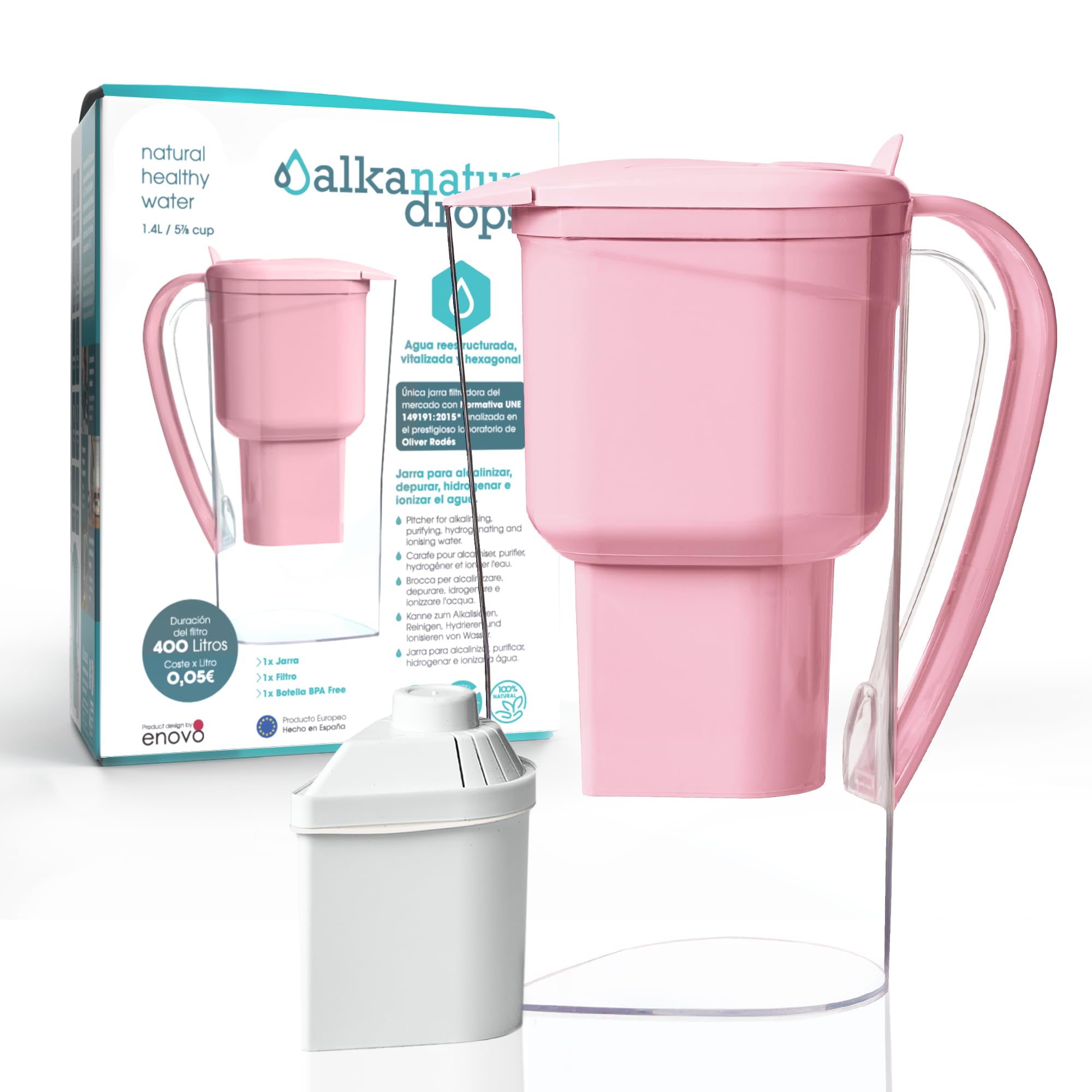 ALKANATUR Caraffa filtrante acqua Alkanatur Drops Rosa | Idrogena + ionizza + apporta magnesio | Elimina cloro + metalli + batteri | Normativa UNE 149101:2015 | Capacità 1.4L senza sostanze tossiche
