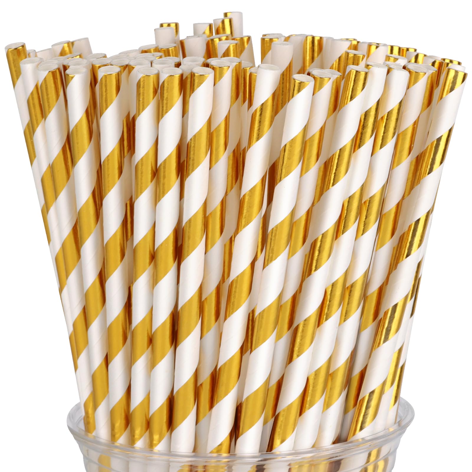 100 Packs Gold Biodegradable Striped Paper Straws, Disposable Drinking Straws for Birthday Carnival Summer Pool Party Wedding Baby Shower Halloween Christmas Party Decoration Supplies