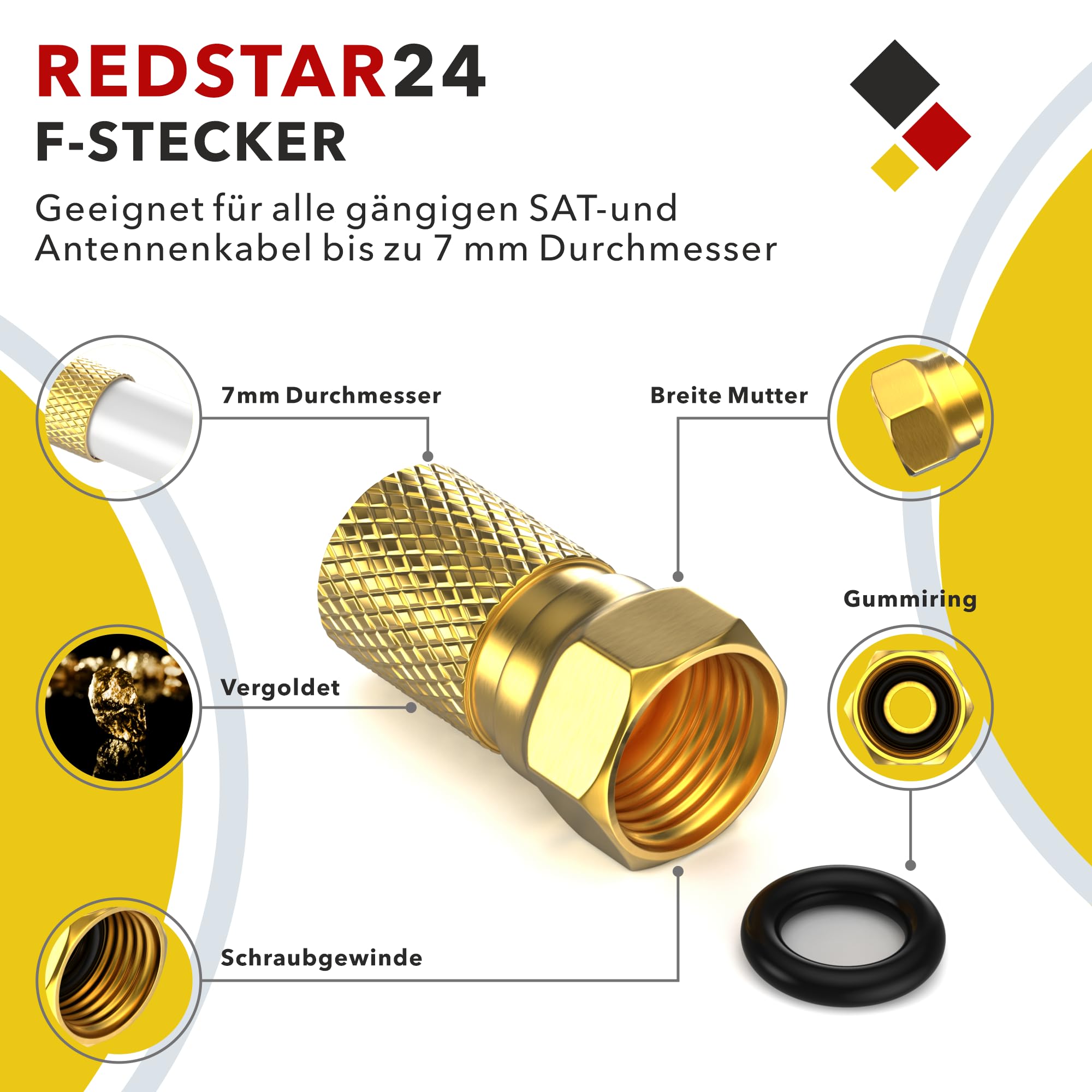 F-stekker 7 mm 20 x F-connectoren 10 x verguld, rubberen afdichting, brede moer schroefbaar, verlenging voor coaxiale antennekabel, coax, SAT-kabel, BK systemen, satelliet LNB F-stekker F-stekker 7 mm 20 x F-connectoren 10 x verguld, rubberen afdichting, brede moer schroefbaar, verlenging voor coaxiale antennekabel, coax, SAT-kabel, BK systemen, satelliet LNB F-stekker