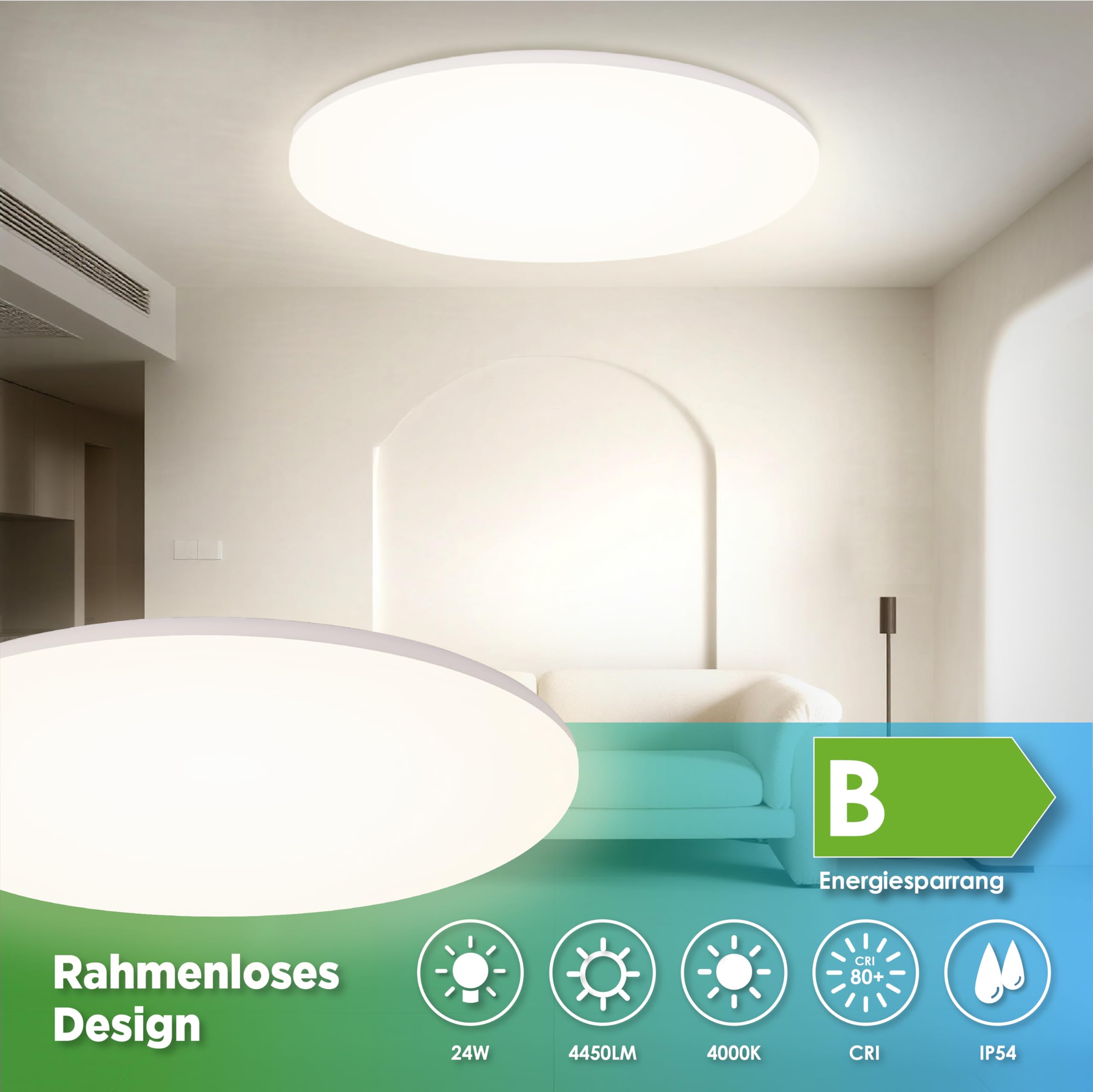LED Deckenleuchte Φ35cm, IP54 Wasserfest, 195 lm/W 4450LM 24W 4000K Neutralweiß, Rahmenloses Design für Küche, Badezimmer, Wohnzimmer, Flur, Keller und Balkon (mit Energieklasse-B Lichtquelle)