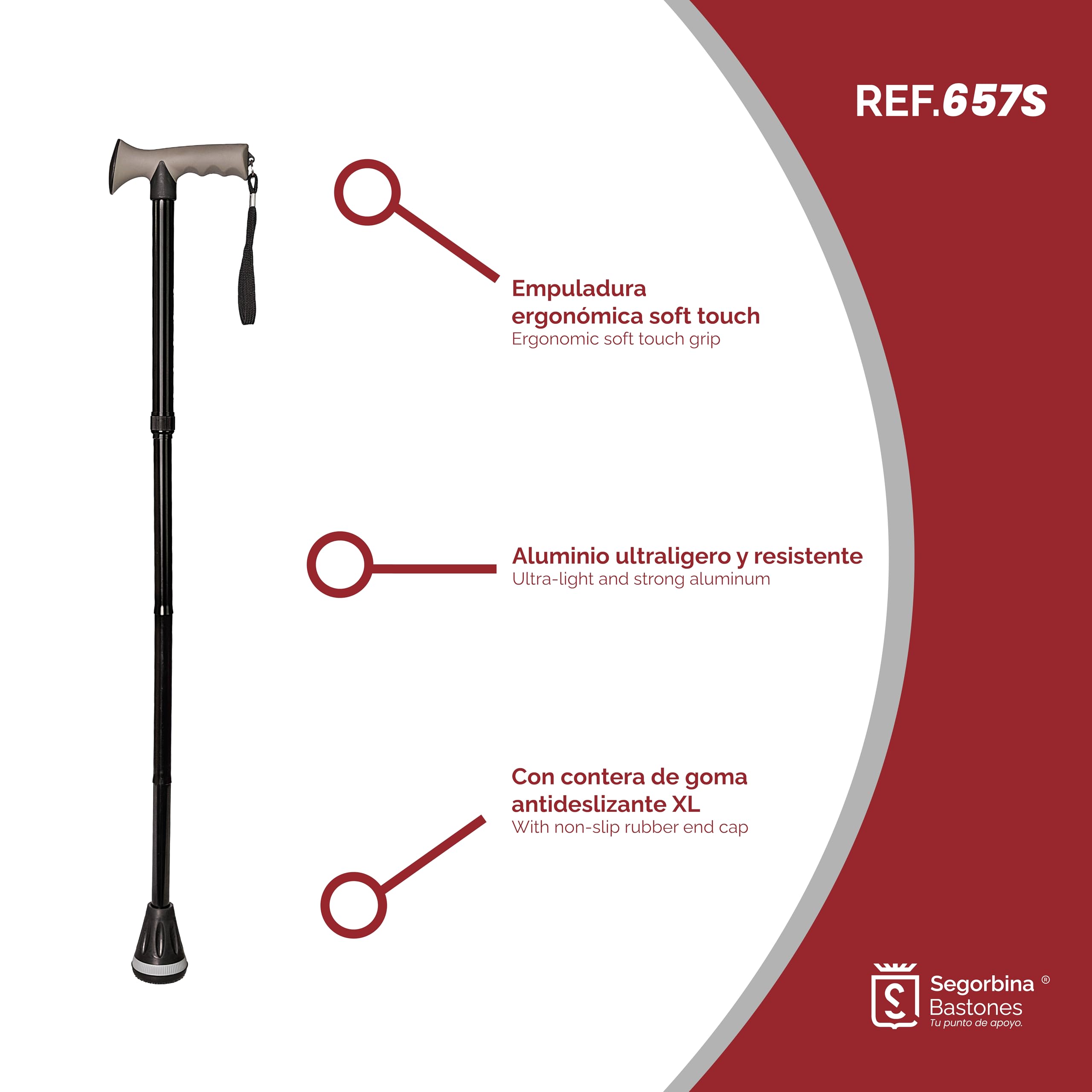 Bastón Plegable de Aluminio Negro – Empuñadura Ergonómica Soft Touch y Contera de Goma XL Antideslizante para Todo Terreno – Ligero, Ajustable 84-95cm y Portátil para el Bolso o Maleta (657S)