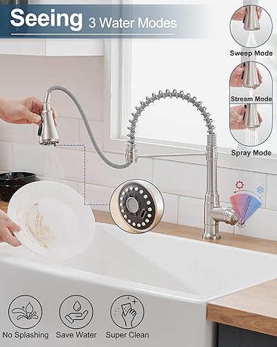 Miniatura 2 de HOIGY Grifo de cocina de níquel cepillado, 3 modos de grifos de cocina con rociador extraíble, grifos de fregadero de cocina sin manchas de 1 o 3
