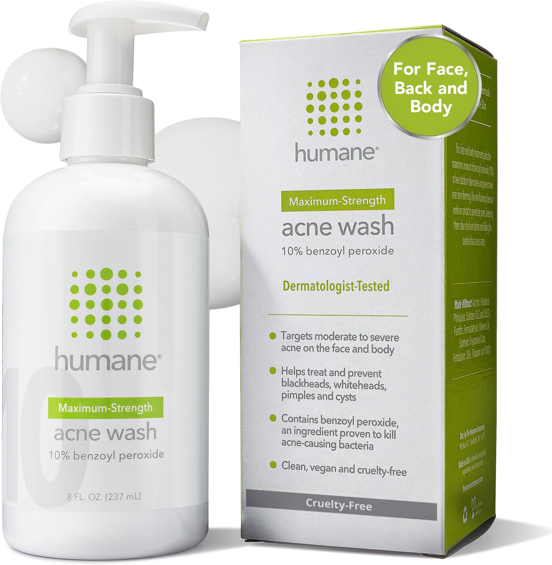 humane Benzoyl Peroxide Acne Body Wash - 10% Maximum-Strength Face, Skin, Butt, and Back Acne Treatment - 8 Fl Oz - Dermatologist-Tested Non-Foaming Acne Face Wash Cleanser - Vegan, Cruelty-Free