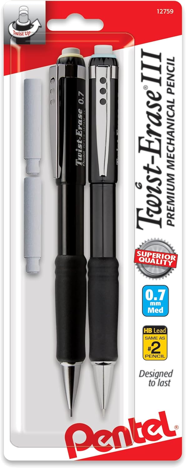 Pentel Twist-Erase III Mechanical Pencil,(0.7mm),Assorted Barrel Colors with Eraser Refills (QE517BP2),(Pack of 4)