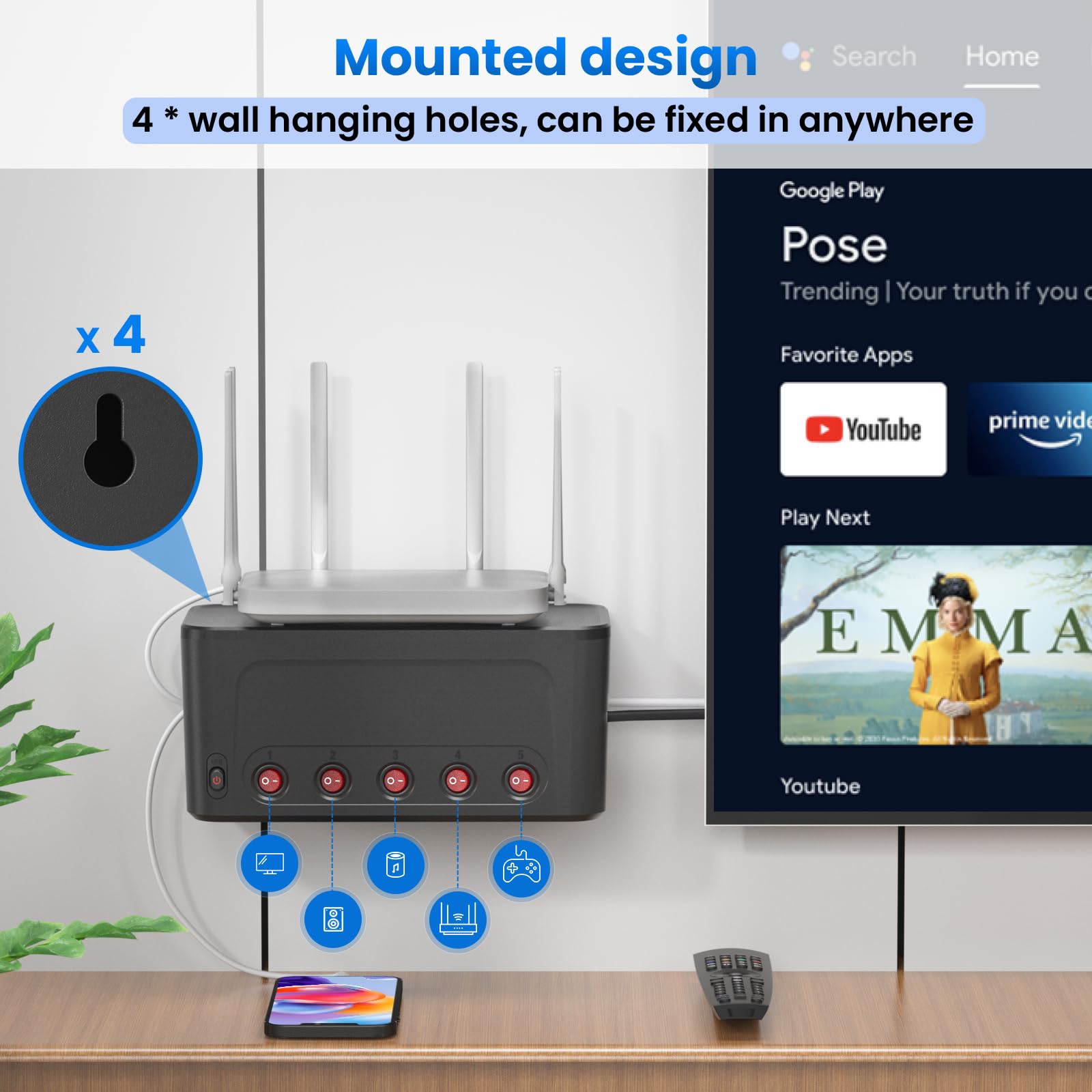 Scatola Portacavi con Ciabatta Multipresa USB, Presa Multipla Salvaspazio 5 Prese con 4 USB,Scatola Nascondi Cavi Ciabatta 5 Schuko,Cable Tidy Box,Organizzatore Nascondi Fili - Grande,Cavo 1,5M,Nero