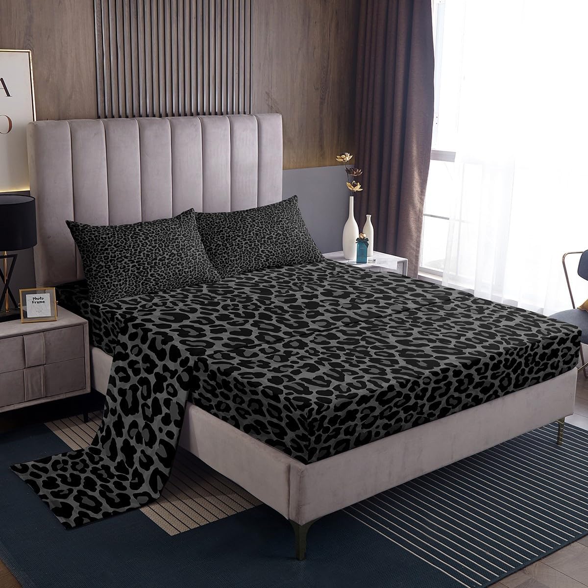 Erosebridal African Cheetah Sheet Set,Leopard Print Bed Sheets Set King Size for Kids Boys Girls,Grey Animal Skin Sheets,Wildlife Flat Fitted Sheet with 2 Pillowcases Deep Pockets
