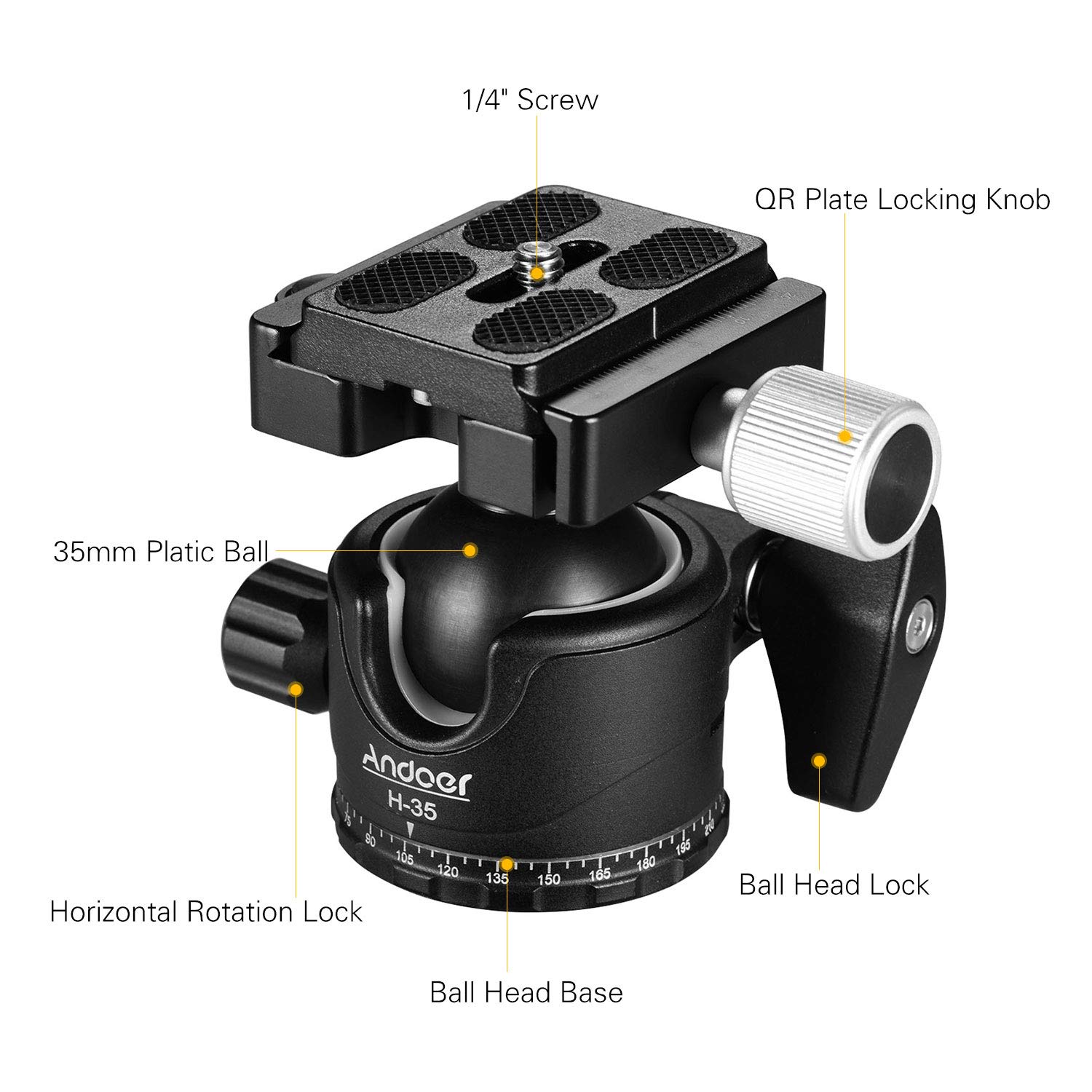 Testa a Sfera Basso Profilo, Andoer H-35 Testa per Cavalletto Girevole a 360 gradi per Monopiede e Treppiede della Fotocamere, Lega di alluminio, Max carico 15 kg con borsa per il trasporto