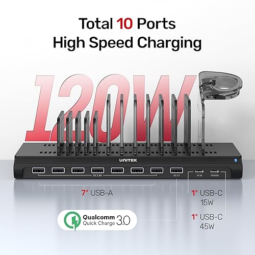 Miniatura 2 de Unitek Estación de carga USB de 120 W, 10 puertos rápidos, concentrador de carga múltiple para múltiples dispositivos Apple con puerto QC 3.0 PD de