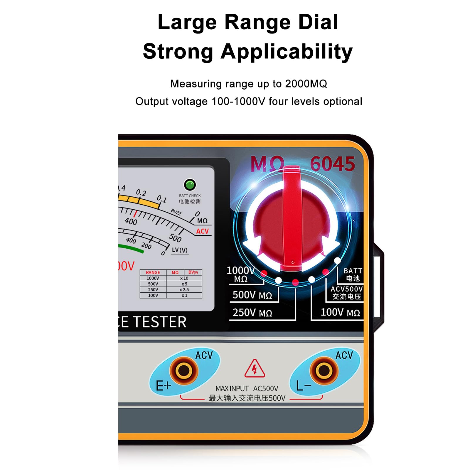 TY6045 Testeur de Résistance D'isolement avec Affichage à Cadran Clair Support Autobloquant Électricien Megohm Meter Testeur de Terre Numérique 5MΩ‑2000MΩ