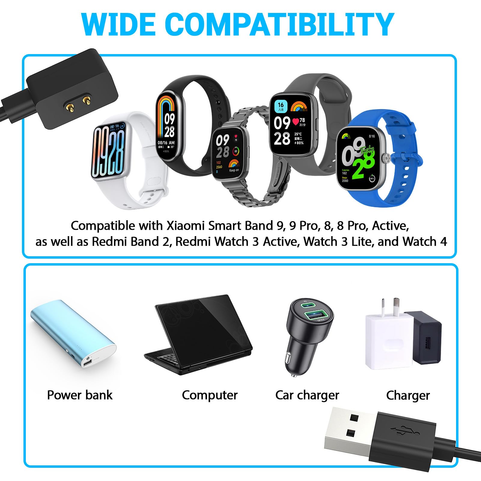 2 kable do ładowarki zegarka do zegarka Redmi Watch 5/5 Active/5 Lite/4/3 Active/3 Lite, 1 m kabel USB do ładowania kompatybilny z Xiaomi Smart Band 9/9 pro/8/8 Pro, USB 5 V 1A, szybkie ładowanie