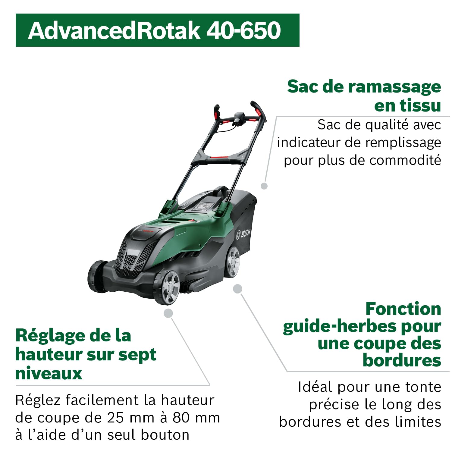 Bosch Tondeuse Filaire puissante AdvancedRotak 40-650 (pour tondre Votre pelouse ; Puissance du Moteur 1 700 W ; Largeur de Coupe : 40 cm)
