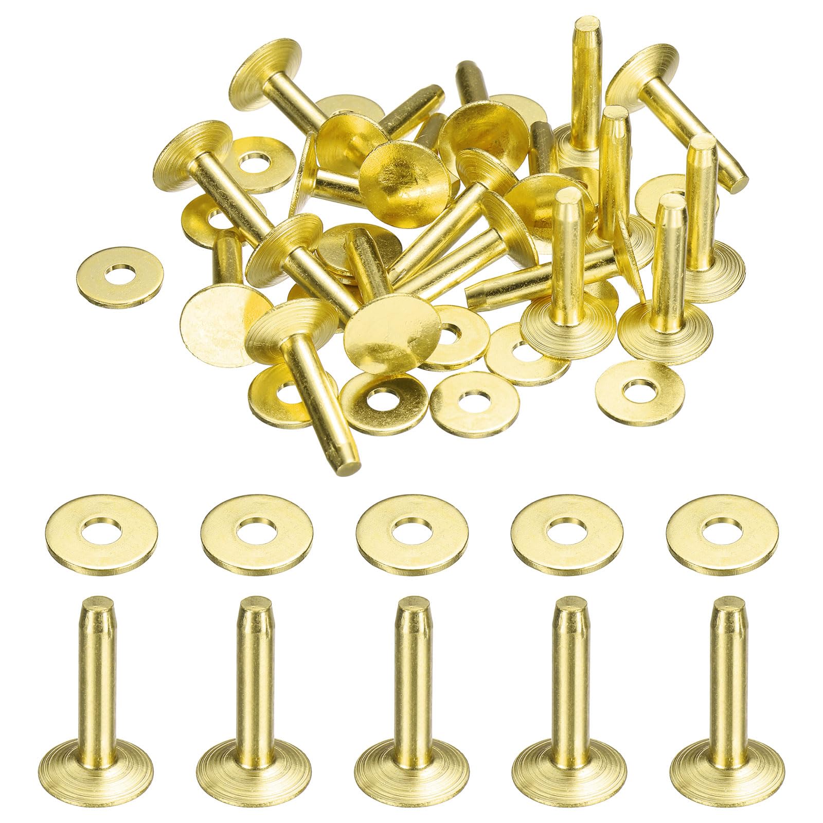 sourcing map 20Set Copper Rivets and Burrs Washers 12x4x19mm Dimpled Finish Copper Solid Leather Rivet Fastener Studs Posts for Leather DIY Craft Belts Wallets Collars, Gold Yellow