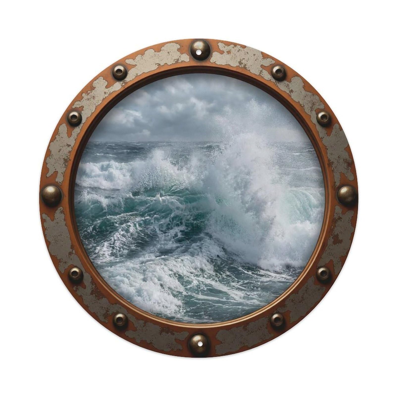 Cwbufd Vintage Style Vintage Porthole Crashing Waves Nautical Window View Vintage Metal Tin Sign Plaque Wall Decor For Cafe, Club Bar, Office, Garden Metal Poster 8X8inch