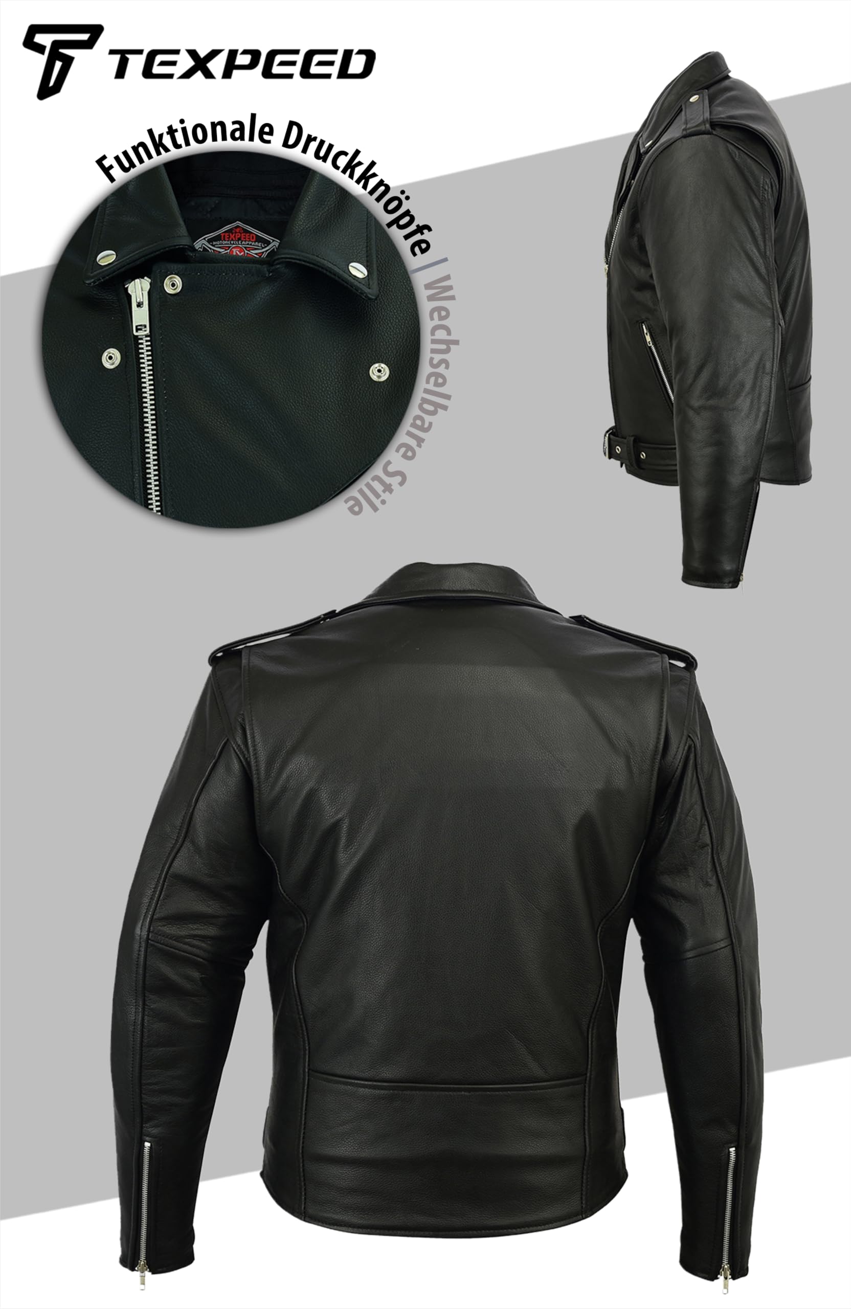 Texpeed Motorrad lederjacke herren mit protektoren - Marlon Brando Retro Chopper Rockerjacke - Mit Original Biker Rüstung (EN 1621-1) Schutz Schwarz - L