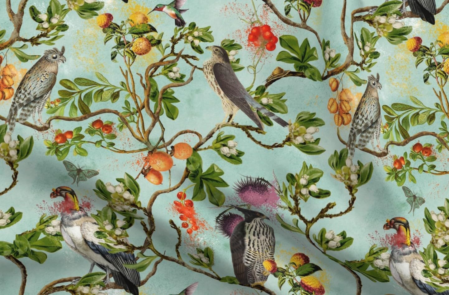 Spoonflower Fabric - Vintage Birds Falcon Hawk Watercolor Chinoiserie Antiqued of Prey Blue Printed on Upholstery Velvet Fabric Fat Quarter - Upholstery Home Decor Bottomweight Apparel