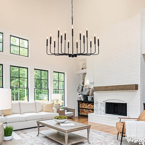 Miniatura 8 de Candelabros negros para comedor sobre mesa, modernos candelabros de granja para sala de estar, 15 luces industriales de metal para entrada, cocina,