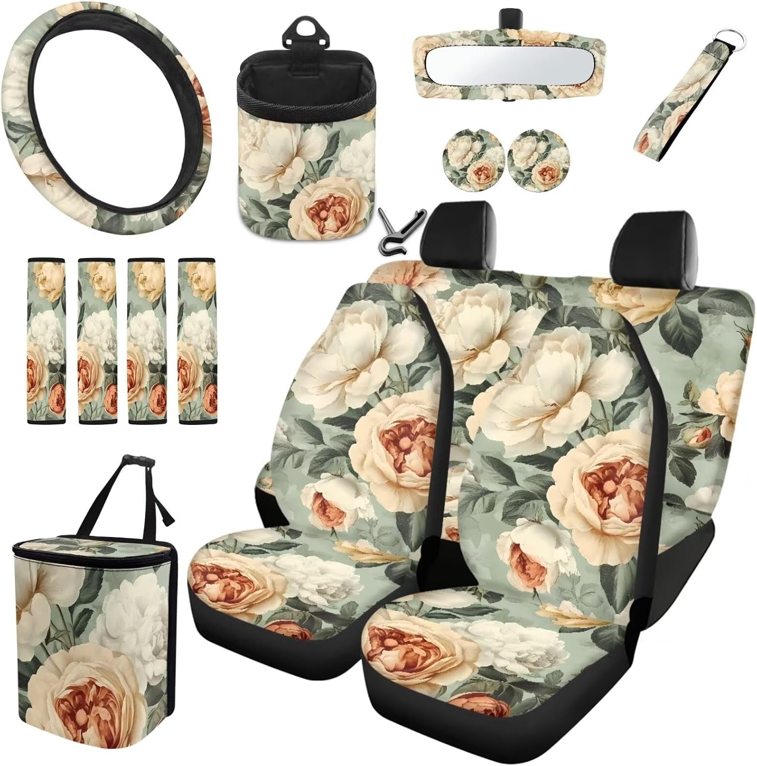 Horeset Elegant Flower Auto Front Rear Seat Cover Steering Wheel Cover Rearview Mirror Cover Seat Belt Cover Coasters Garbage Can Air Vent Pouch Keychain 15pcs Women Men Interior Car Accessories