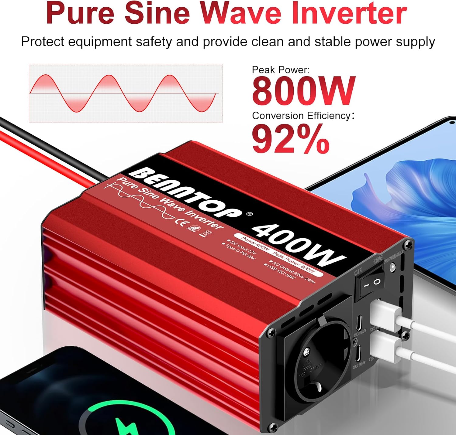 BENNTOP 400W Pure Sine Wave Inverter with specifications showing 400W power, 800W peak power, and 92% conversion efficiency.