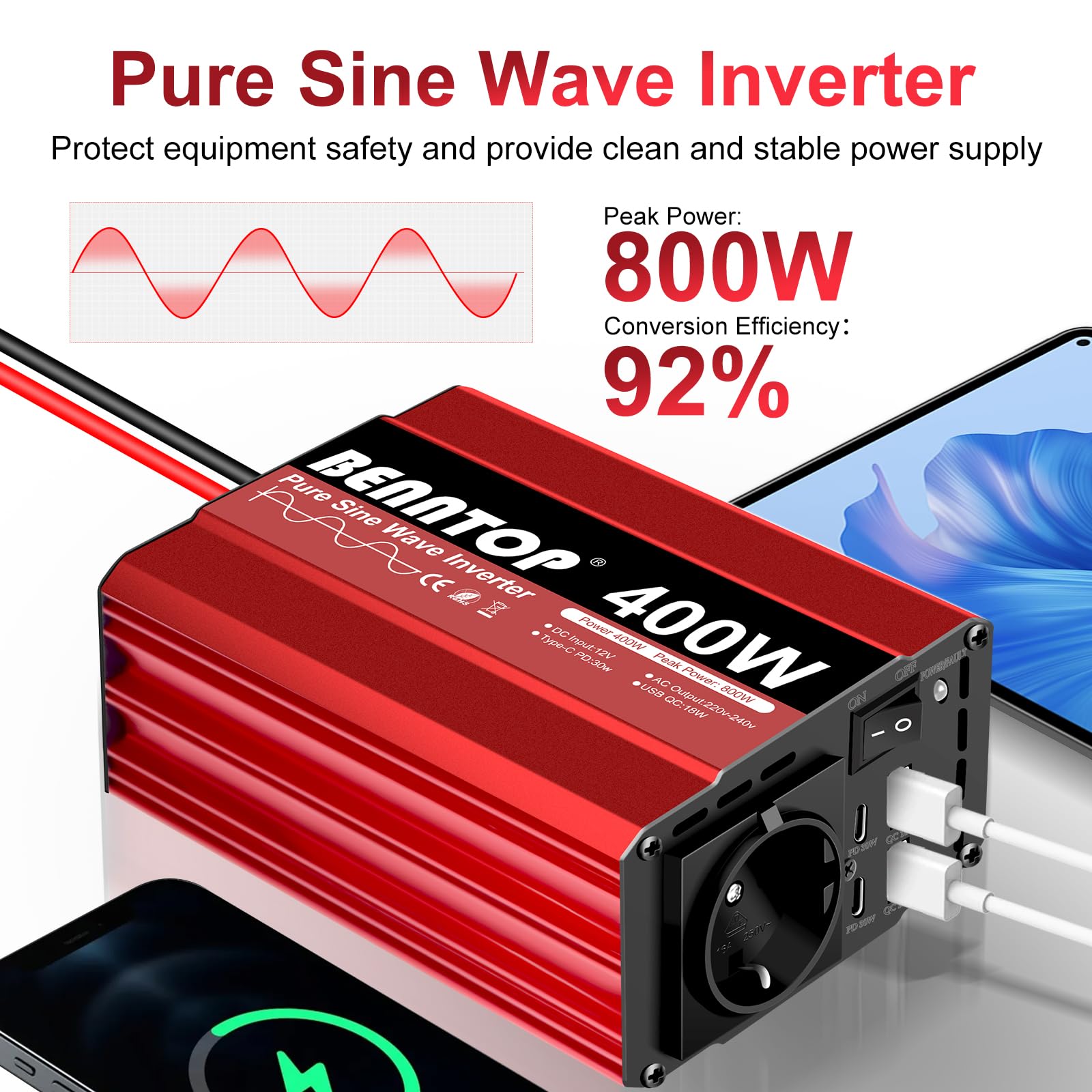 400W Wechselrichter 12v auf 230v Spannungswandler Reiner Sinus mit EU Buchse, Typ-C, USB Anschluss,Stromwandler Auto Adapter mit Zigarettenanzünder für iPhone, iPad, Tablet