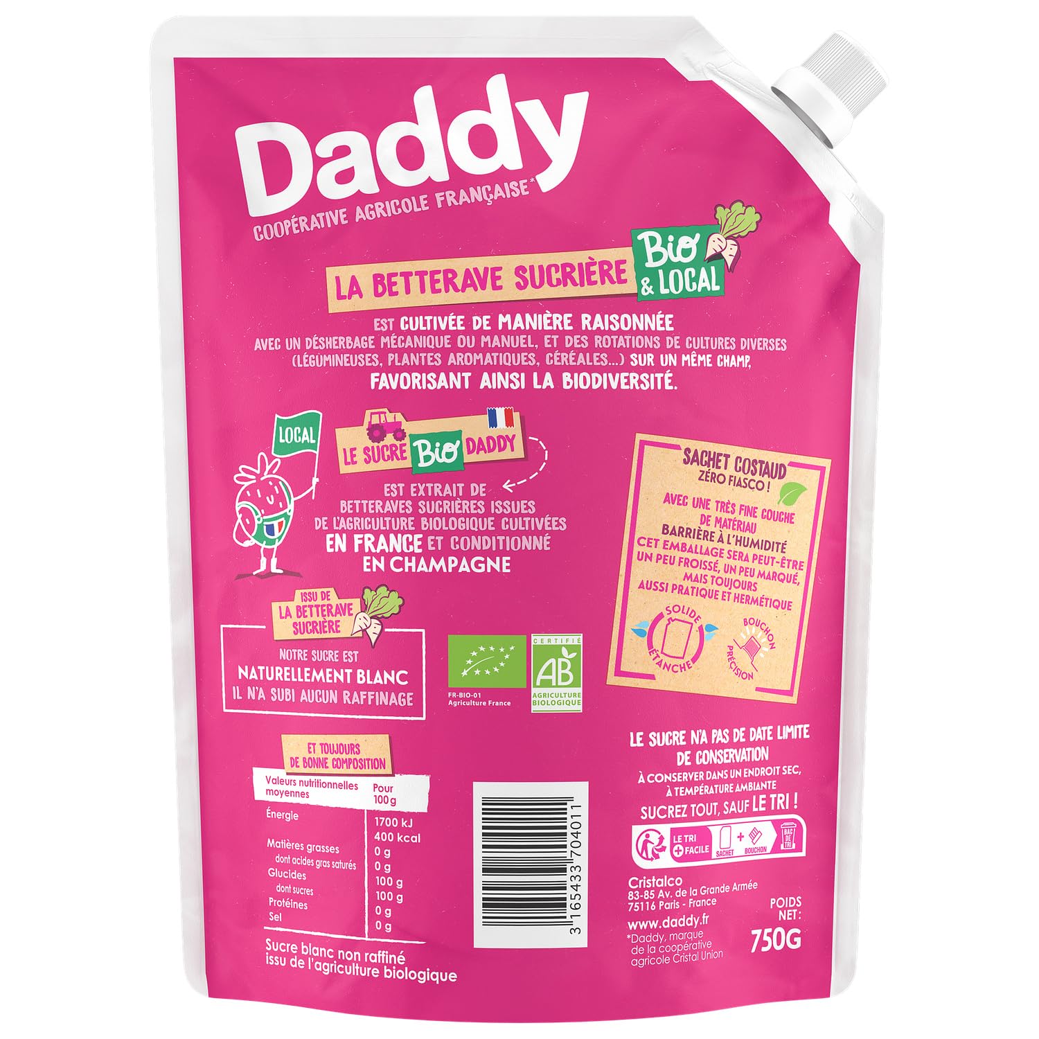 Pour un goût authentique et local au quotidien — DADDY Sucre en Poudre Bio, non raffiné, betterave française, format pratique 750g - Lot de 3