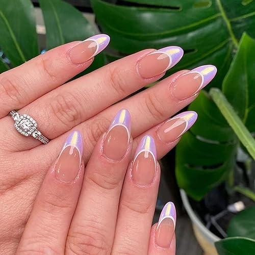 MERVF Uñas postizas medianas a presión de almendra, uñas postizas moradas con punta francesa de aguja con diseño de purpurina, uñas acrílicas a