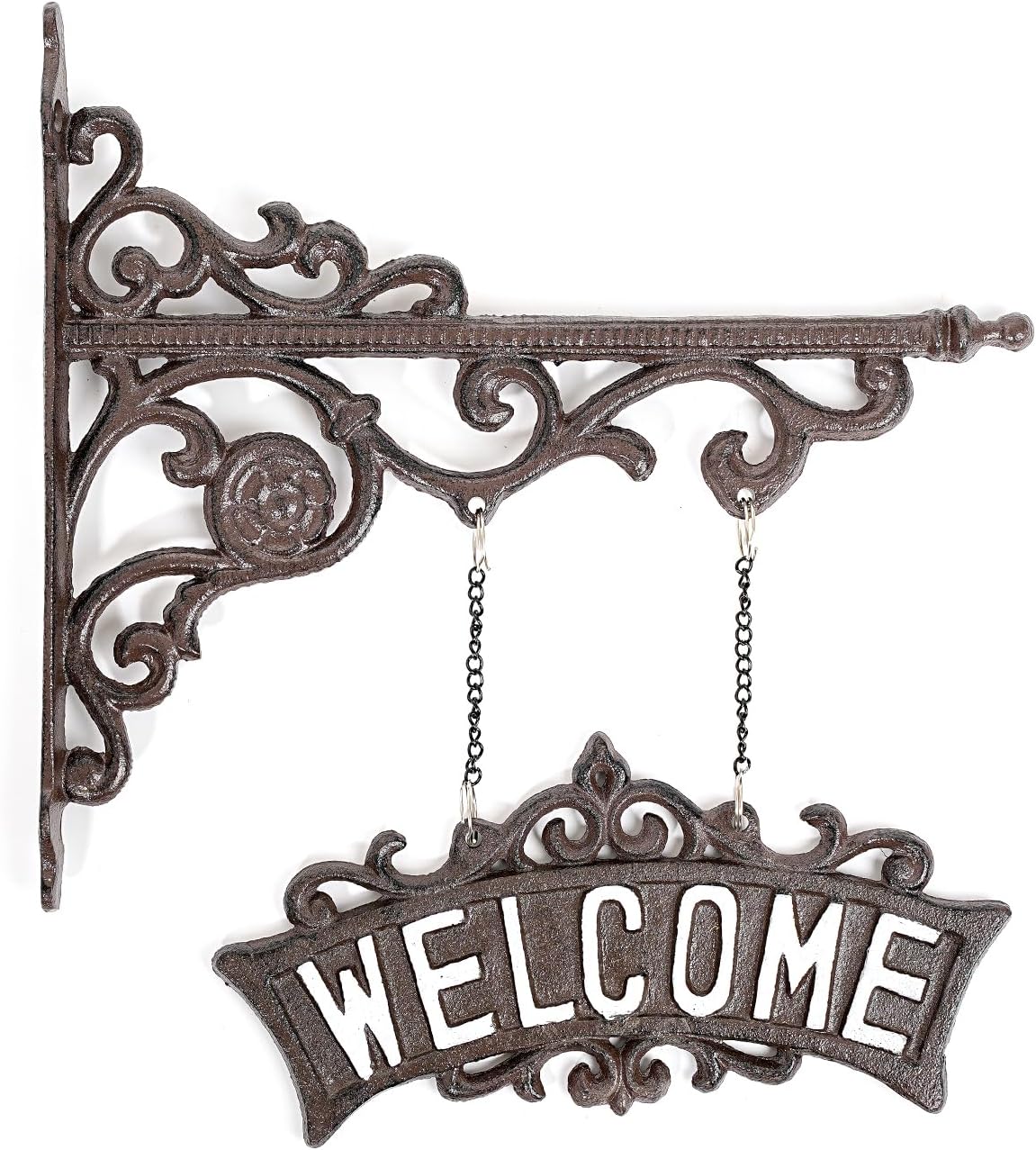 Sungmor Vintage Cast Iron Hanging Welcome Sign, Ornate Wall Bracket Hanger Outdoor Welcome Plaues, Rustic Wall Mounted Front Door Hanging Sign, Decorative Garden Yard Sign