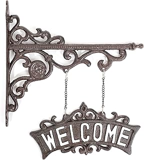 Sungmor Vintage Cast Iron Hanging Welcome Sign, Ornate Wall Bracket Hanger Outdoor Welcome Plaues, Rustic Wall Mounted Front Door Hanging Sign, Decorative Garden Yard Sign